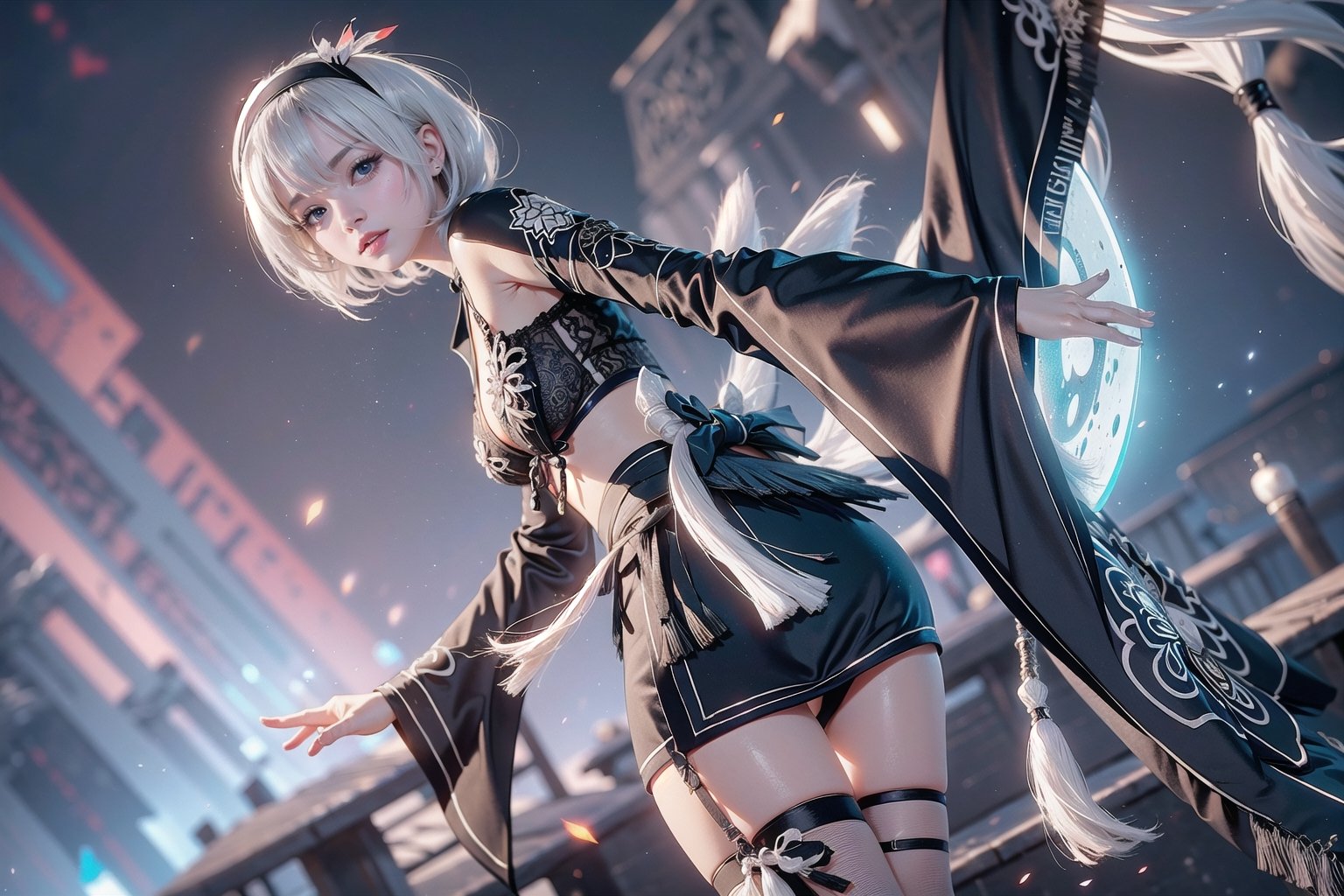 (Masterpiece, highest quality, high resolution, ultra-detailed, 16K, intricate, high contrast, HDR, vibrant color, RAW photo, (photorealistic:1.2), beautiful and aesthetic), cinematic lighting, medium breasts, tall and slim body, (((yorha no. 2 type b, silver white hair, 1girl, solo, hair over one eye, blue eye, hairband, black kimono, detached sleeves, wide sleeves, thighhighs, japanese clothes, tassels, bra peek))), glowing hair, looking at the viewer, futuristic, elegant, glowing, chaos, mysterious, magical, mystical, moon, cosmic, space, galaxy, portal, scenic, landscape, iconic, temple, bonsai forest, ancient Japan, holding her swords, wide shot, neon background, view from behind