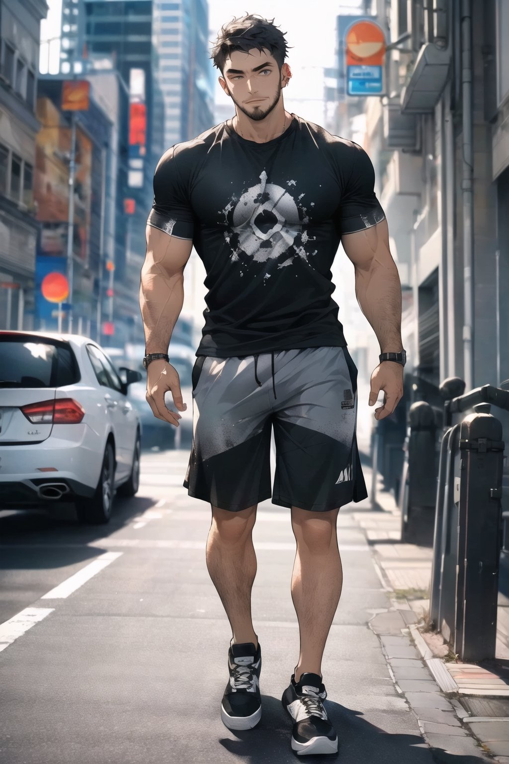 1man, cool face, muscles+,jawline, confident++,masculine face, midjourney, masterpiece ,

straight fringe, chin strap beard, slim grey t-shirt, black shorts, white Sneakers,

