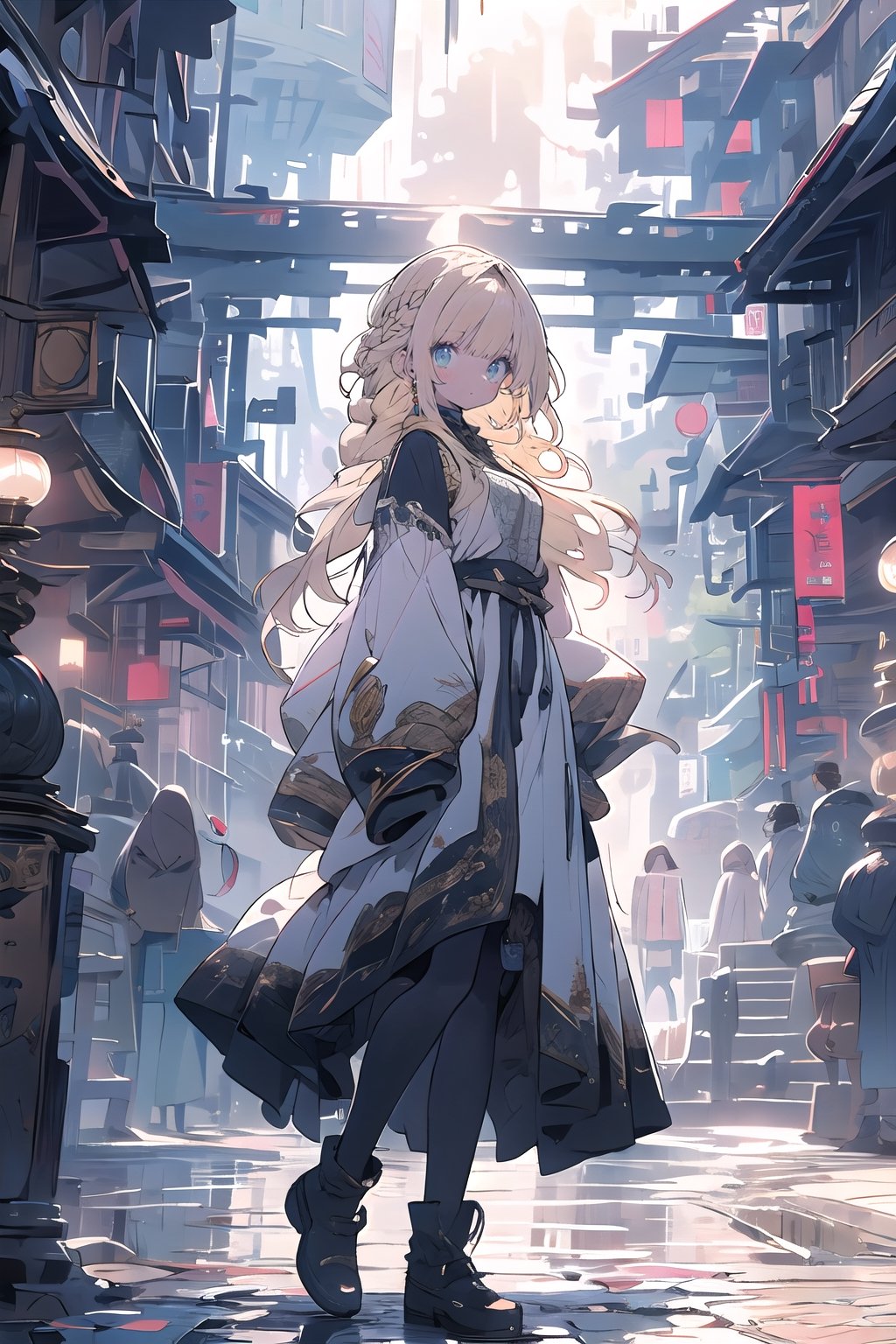 1girl, feminine girl, small face, big eyes, blonde,blond_hair,high detail eyes, slimm body, waterfall braid hairstyle, white gown with gold tones,

medieval town, noon, sun light, vivid light, town square,dancing , old medieval village,

High detailed, , (xx)1man, masterpiece, best quality, 8K, highres, absurdres:1.2, masterpiece, best quality, ultra-detailed, illustration,

(multiple views, full body, upper body, reference sheet:1), ,midjourney, niji,masterpiece,