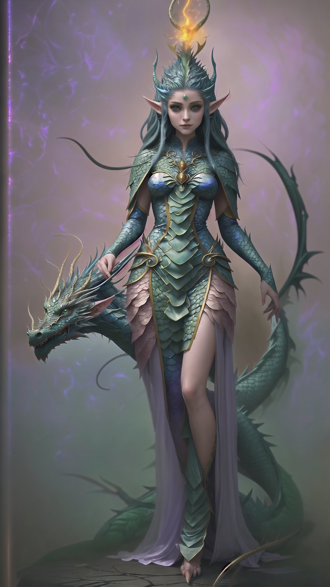 A mystical being, born of the union between a dragon and an elf,Dragon inspired dress,extraordinary creature exhibits both draconic and elven features, blending the elegance of the elves with the majestic presence of dragons. Its scales might shimmer with ethereal colors, and its pointed ears showcase the elven heritage. This hybrid being represents the harmonious fusion of two fantastical worlds, embodying a unique and captivating presence, dragonx2