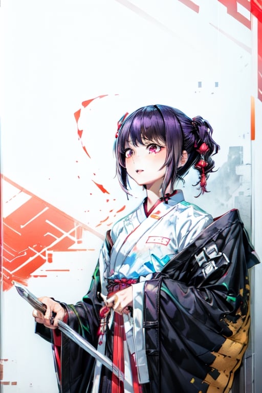 muelsyse (arknights),1girl, solo,hanfu,chinese clothes,splatter background, holding sword, best quality, amazing quality, very aesthetic, absurdres