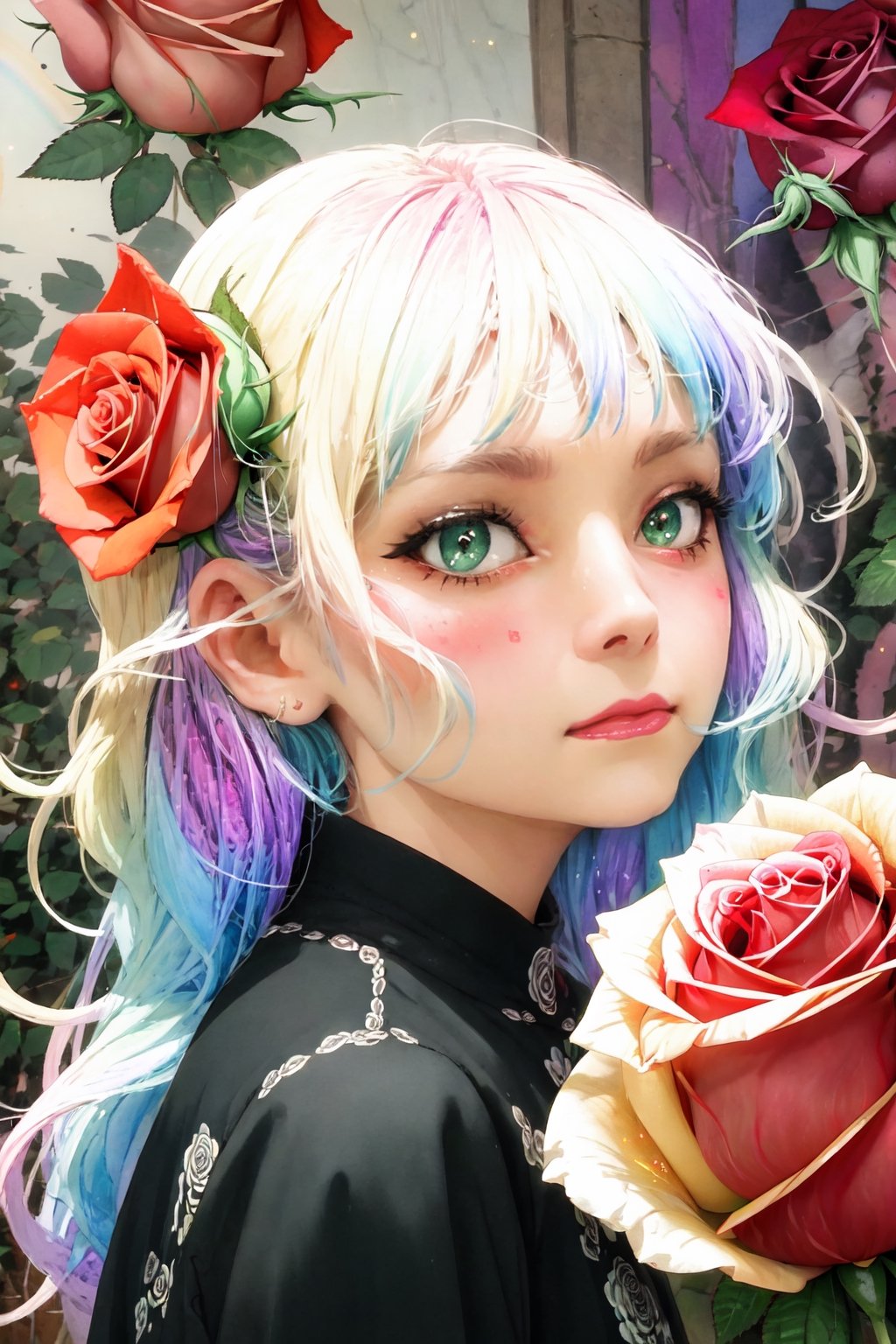 Maximalism, masterpiece, top quality, 8k, high resolution, super detailed, absurd, vivid contrast, insanely detailed,
BREAK
(Rainbow-colored roses:1.5),Anime ,glitter,shiny,watercolor,scandal mami
