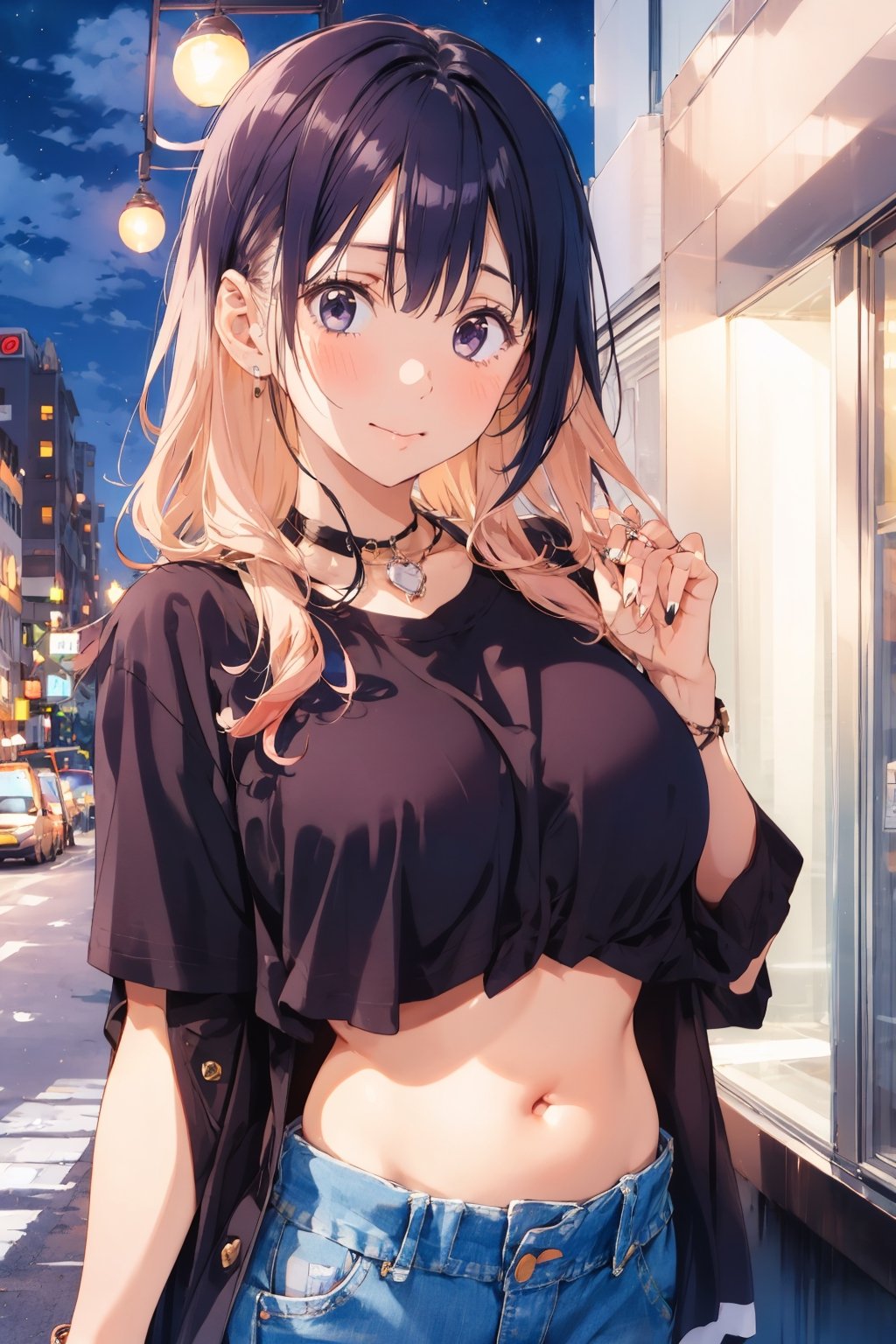 Girl, (wavy hair),  top blouse, neckline, belly button, jeans, soft smile, city, night, ,scandal tomomi