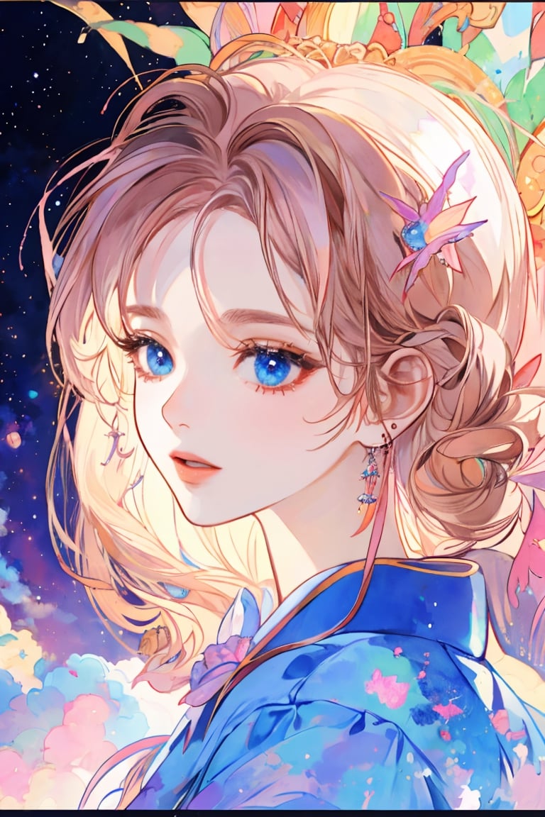 letterbox, portrait closeup, open mouth, starry sky, solo, blue eyes, 1girl, sky, (masterpiece, detailed, highres:1.4), capturing the quiet beauty and soothing essence of a woman in a whimsical, pastel watercolor world, amano yoshitaka,scandal tomomi