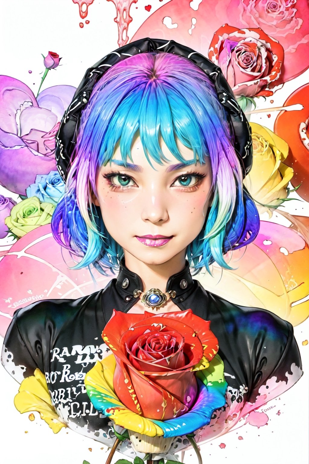 Maximalism, masterpiece, top quality, 8k, high resolution, super detailed, absurd, vivid contrast, insanely detailed,
BREAK
(Rainbow-colored roses:1.5),Anime ,glitter,shiny,watercolor,scandal mami,amano yoshitaka