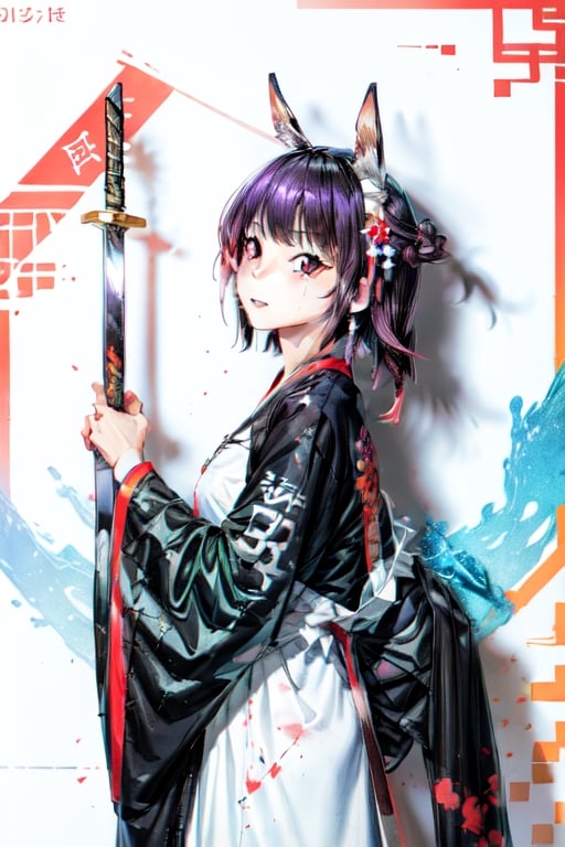 muelsyse (arknights),1girl, solo,hanfu,chinese clothes,splatter background, holding sword, best quality, amazing quality, very aesthetic, absurdres