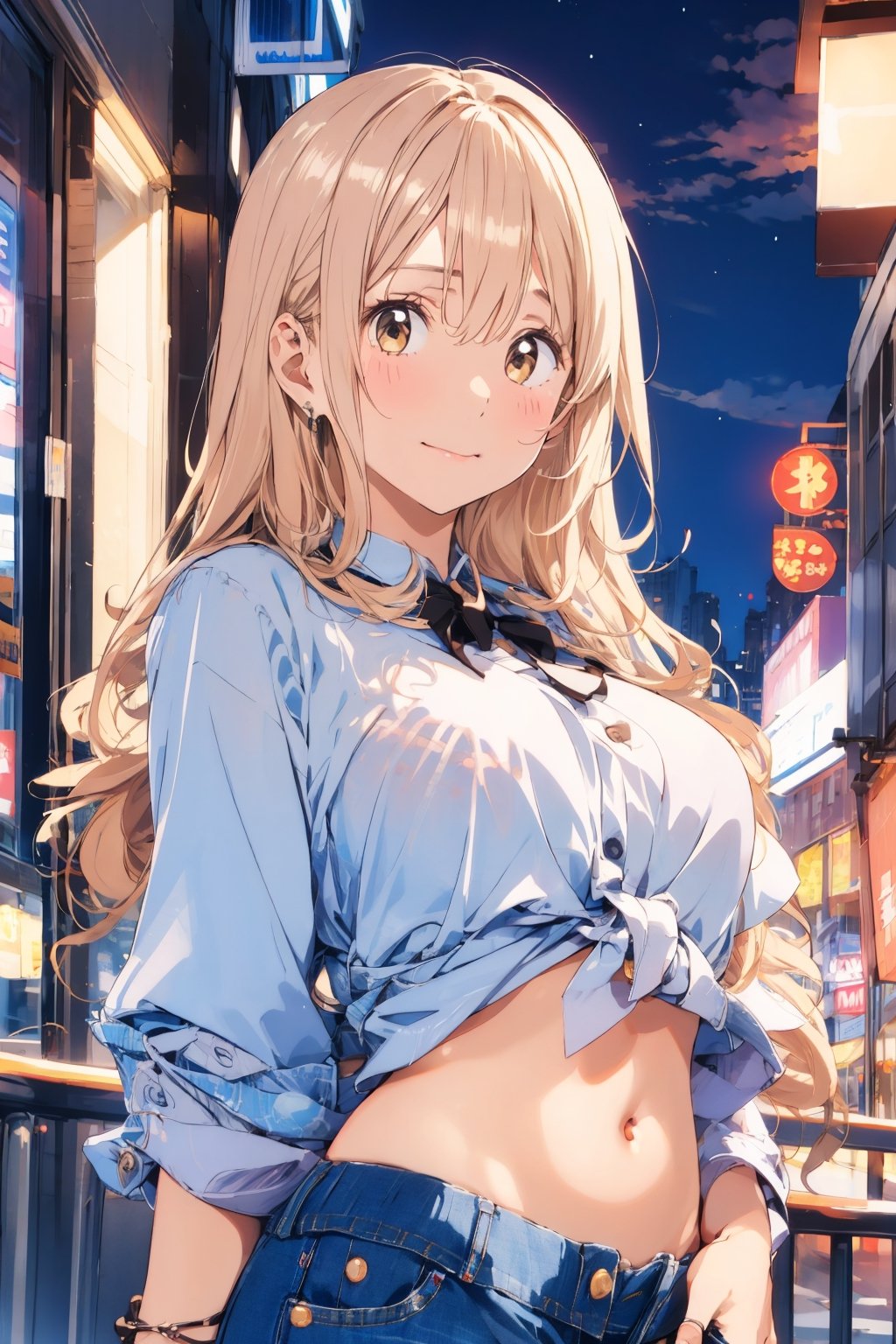 Girl, (wavy hair),  top blouse, neckline, belly button, jeans, soft smile, city, night, ,scandal tomomi