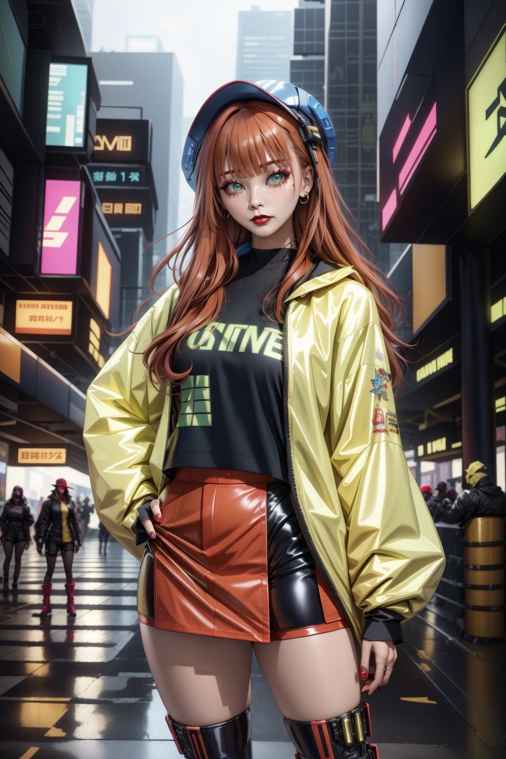 cyber punk style,Beautiful woman wearing a hat,cowboys, Yellow cyberpunk-style shorts, Red pantyhose , The miniskirt is blue, green eyes, red lips, brown boots, long wavey hair,scandal rina