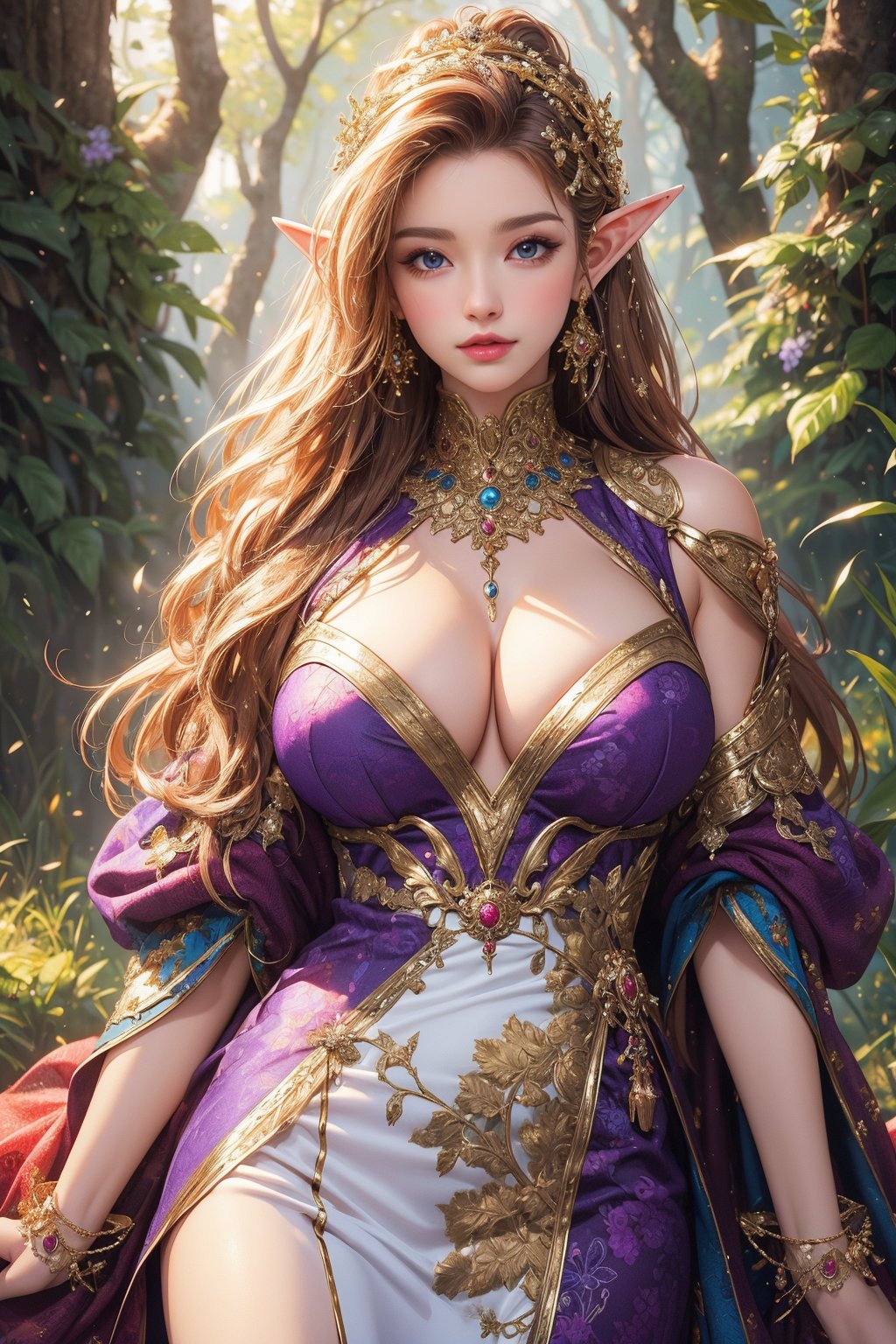 busty and sexy girl, 8k, masterpiece, ultra-realistic, best quality, high resolution, high definition, elf, enchanting fantasy-style costume, The predominant colors are white and purple, The dress features floral motifs and delicate gold accents, The overall design exudes elegance and magic, glowing purple forest