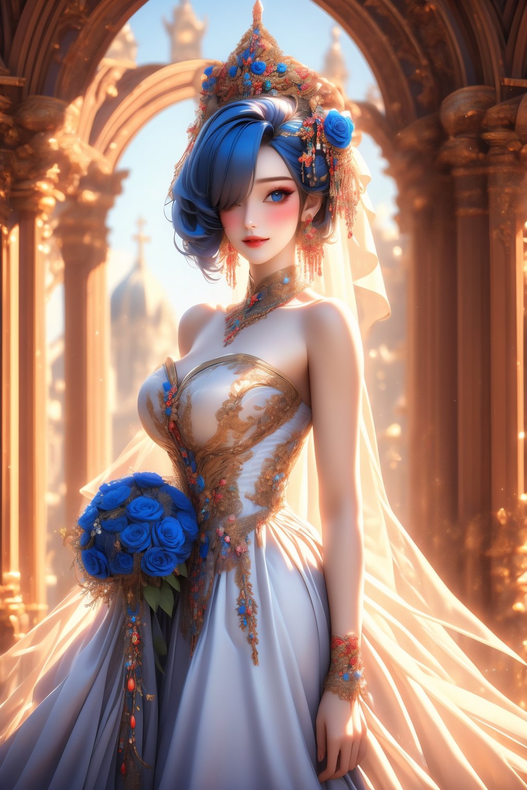 busty and sexy girl, 8k, masterpiece, ultra-realistic, best quality, high resolution, high definition, 1girl, solo, breasts, looking at viewer, blush, smile, short hair, bangs, blue eyes, large breasts, hair ornament, dress, holding, cleavage, bare shoulders, jewelry, blue hair, flower, earrings, outdoors, parted lips, sky, day, cloud, white dress, hair over one eye, blue sky, strapless, rose, x hair ornament, veil, strapless dress, blue flower, bouquet, wedding dress, bridal veil, blue rose, bride, church