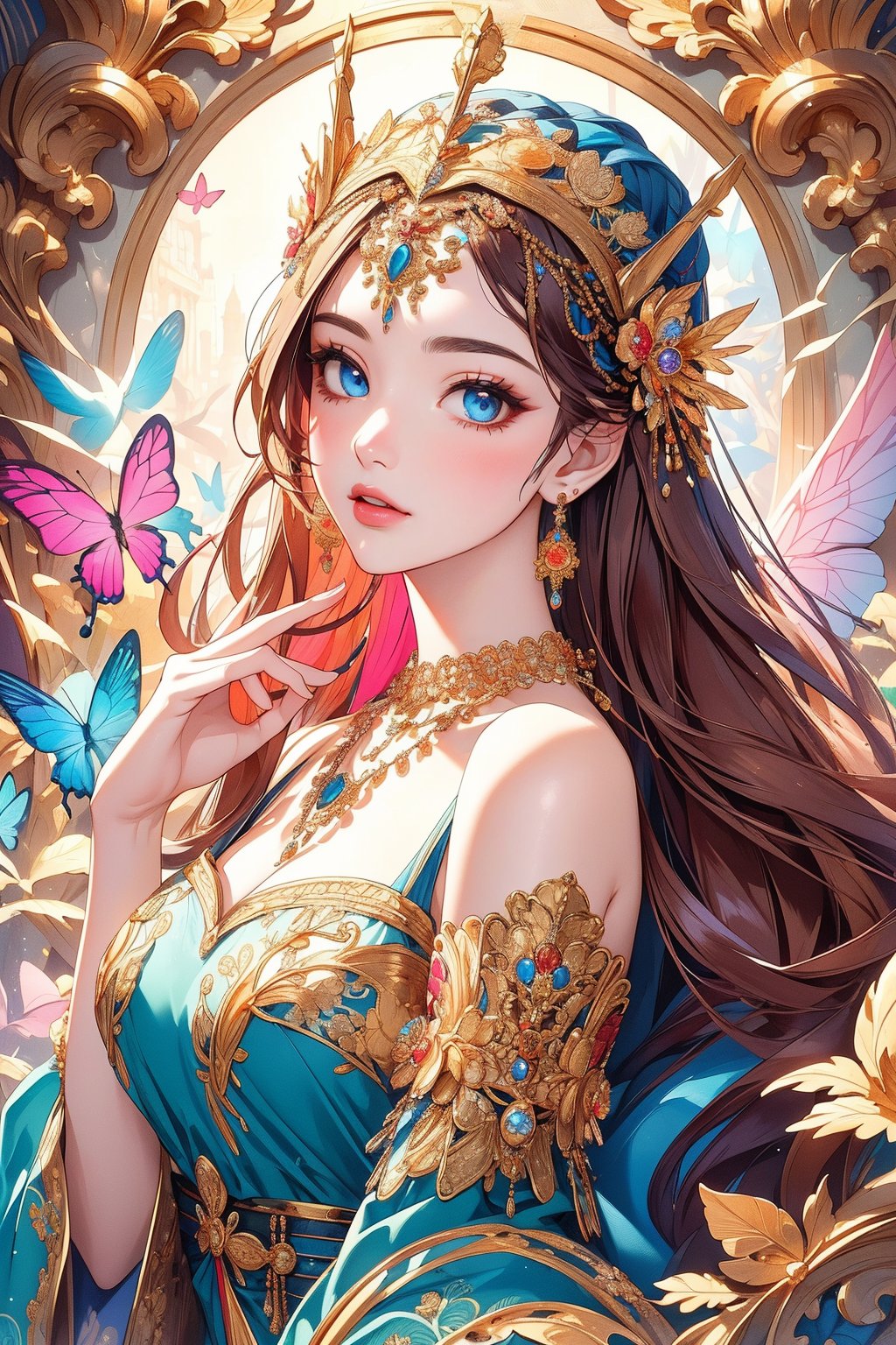 busty and sexy girl, 8k, masterpiece, ultra-realistic, best quality, high resolution, high definition, bare shoulder, floral headdress, butterflies, multicolored background, white skin, colored eyes, necklace, multicolored hair, a pink dress with intricate gold adornment, sparkle, glow, The image depicts a seated female figure, likely a representation of a goddess or mythological character, given the stylized and ornate nature of her attire and adornments. The figure is adorned with intricate jewelry, including necklaces and earrings, which suggest a status of high importance or divinity. Her headdress is elaborate, featuring multiple layers and decorative elements that add to her regal appearance. The background is richly detailed with swirling patterns and motifs that are reminiscent of Art Nouveau style, characterized by flowing lines and natural forms. The color palette is dominated by blues, golds, and earth tones, creating a harmonious and ethereal atmosphere. The overall impression is one of elegance, mysticism, and a sense of being transported to another realm or era.