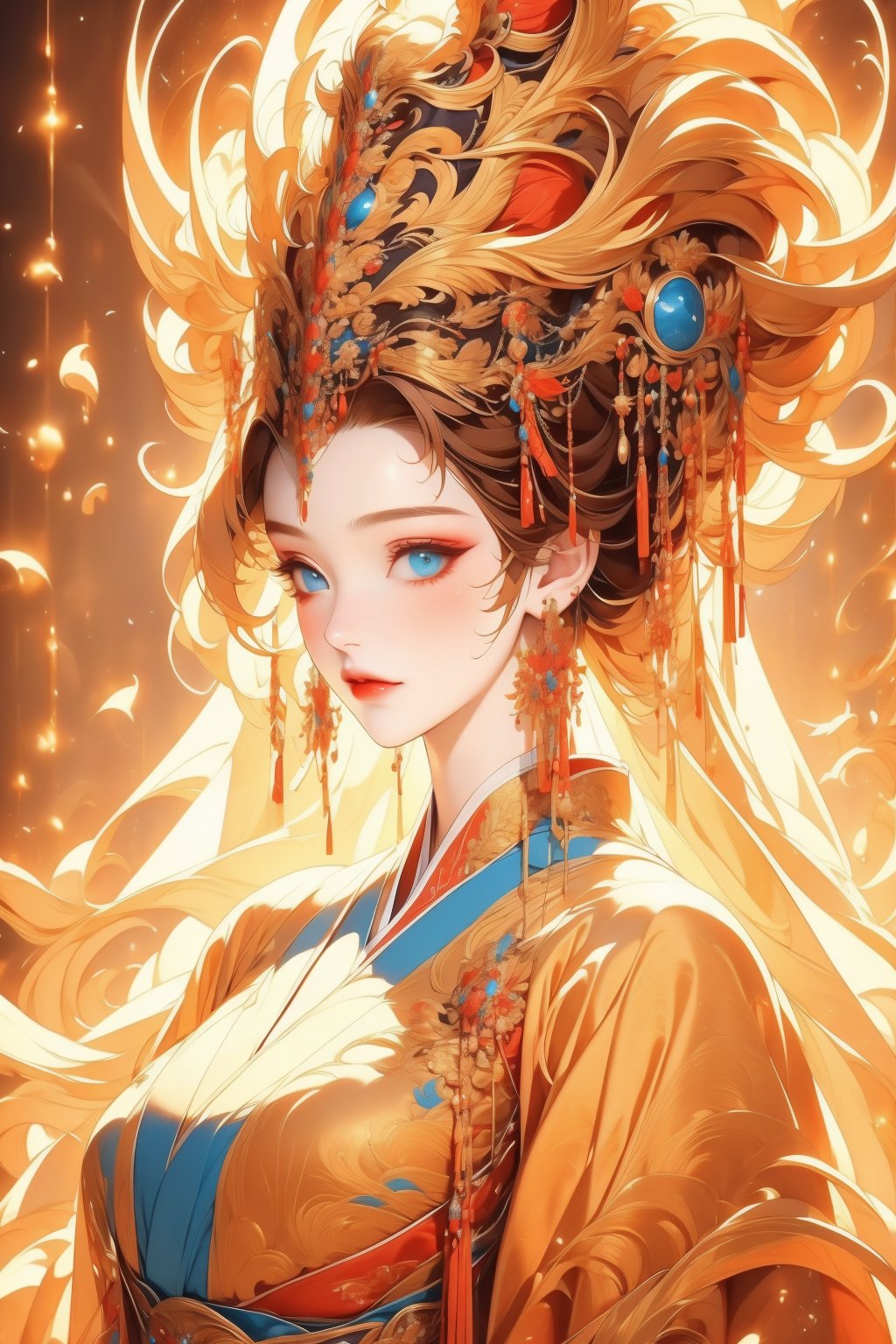 busty and sexy girl, 8k, masterpiece, ultra-realistic, best quality, high resolution, high definition, 1girl, solo, long hair, looking at viewer, blue eyes, blonde hair, hair ornament, jewelry, closed mouth, upper body, earrings, lips, makeup, chinese clothes, gem, realistic, headdress, red lips, hanfu, traditional clothes