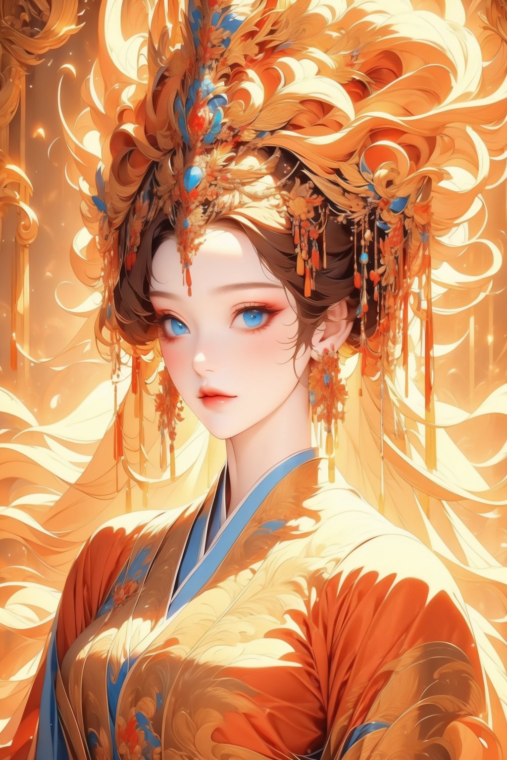 busty and sexy girl, 8k, masterpiece, ultra-realistic, best quality, high resolution, high definition, 1girl, solo, long hair, looking at viewer, blue eyes, blonde hair, hair ornament, jewelry, closed mouth, upper body, earrings, lips, makeup, chinese clothes, gem, realistic, headdress, red lips, hanfu, traditional clothes