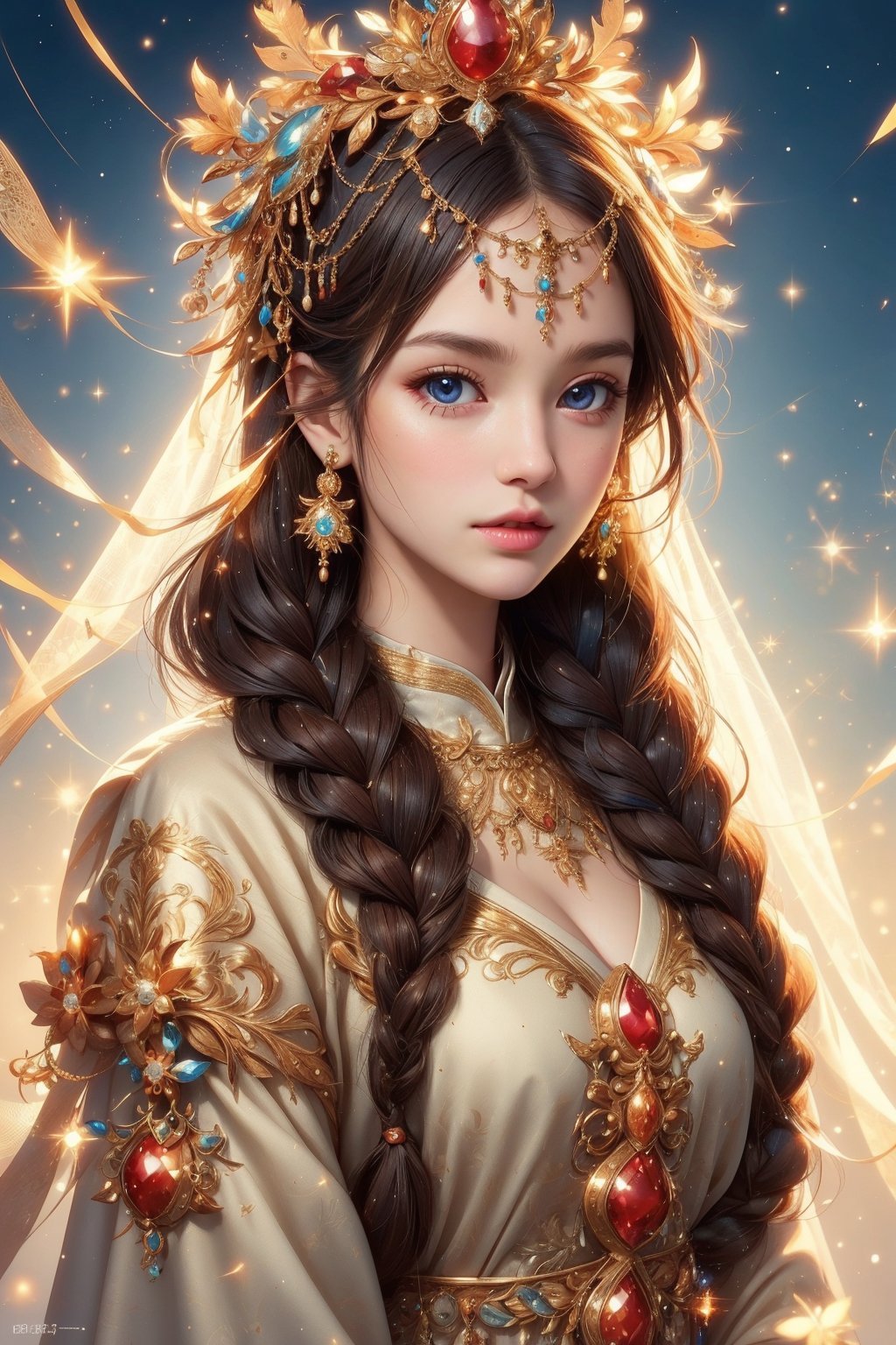 busty and sexy girl, 8k, masterpiece, ultra-realistic, best quality, high resolution, high definition, masterpiece, 1girl, solo, long hair, looking at viewer, blush, blue eyes, brown hair, black hair, long sleeves, dress, jewelry, closed mouth, upper body, braid, earrings, necklace, lips, eyelashes, single braid, gem, veil, hair over shoulder, freckles, realistic, traditional clothes, multiple braids, head chain