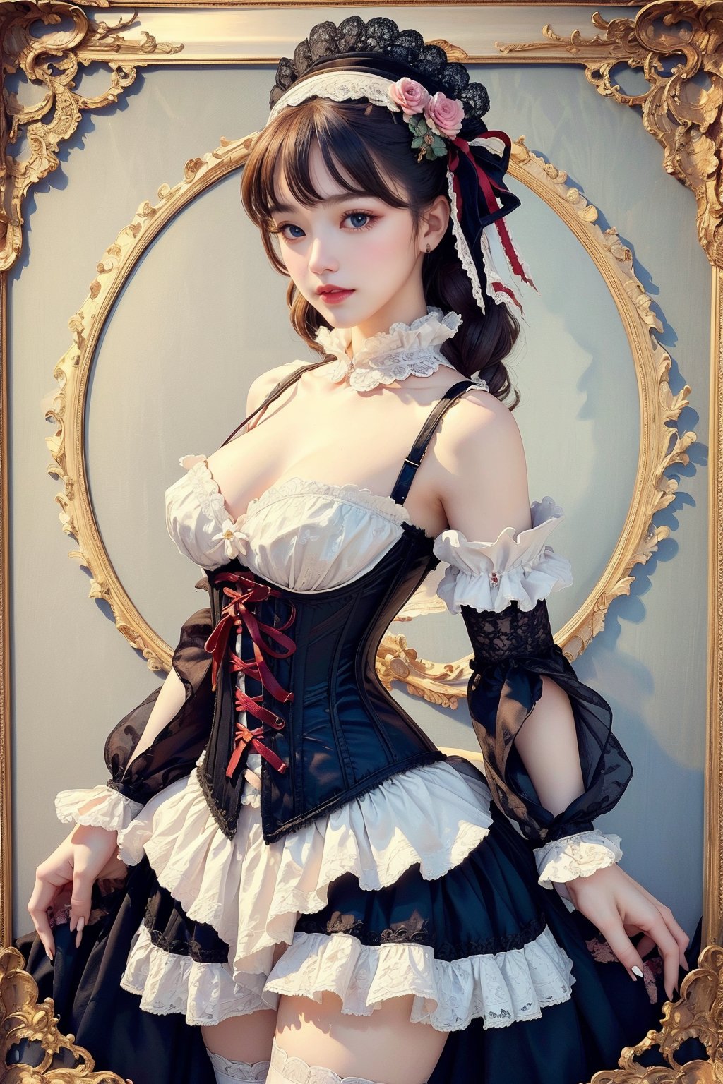 busty and sexy girl, 8k, masterpiece, ultra-realistic, best quality, high resolution, high definition, Lolita, Victorian fashion, Rococo fashion, black corset with red ribbon lacing, White lace details on the sleeves, show shoulders, (ornate flower frame background), (flower background), historical vibe, historical fashion with fantasy elements, cowboy shot