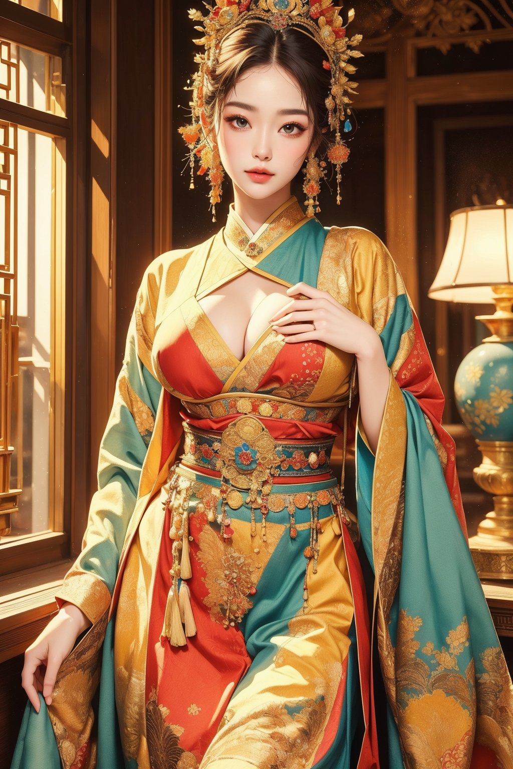 busty and sexy girl, 8k, masterpiece, ultra-realistic, best quality, high resolution, high definition,The image is an artistic representation of a female character dressed in traditional East Asian attire, possibly indicating a historical or cultural setting. The clothing and jewelry suggest a ceremonial or significant role within that context. The character's pose and the setting give a sense of tranquility and introspection. The background elements hint at a domestic interior, which may imply a personal narrative or story related to the character. The overall impression is one of elegance and grace, with a focus on the character's beauty and the rich cultural symbolism of her attire.