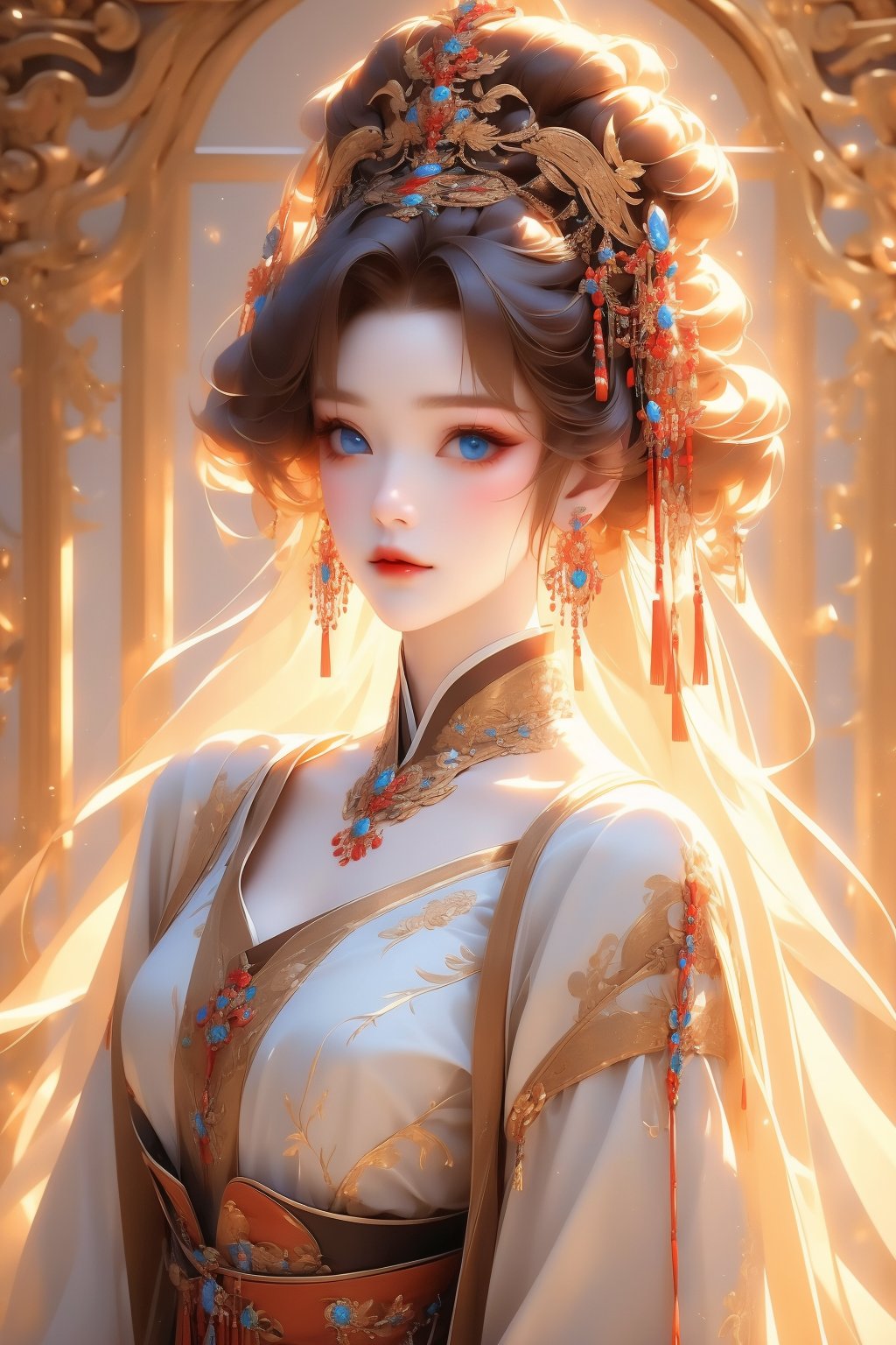 busty and sexy girl, 8k, masterpiece, ultra-realistic, best quality, high resolution, high definition, 1girl, solo, long hair, looking at viewer, blue eyes, blonde hair, hair ornament, jewelry, closed mouth, upper body, earrings, lips, makeup, chinese clothes, gem, realistic, headdress, red lips, hanfu, traditional clothes