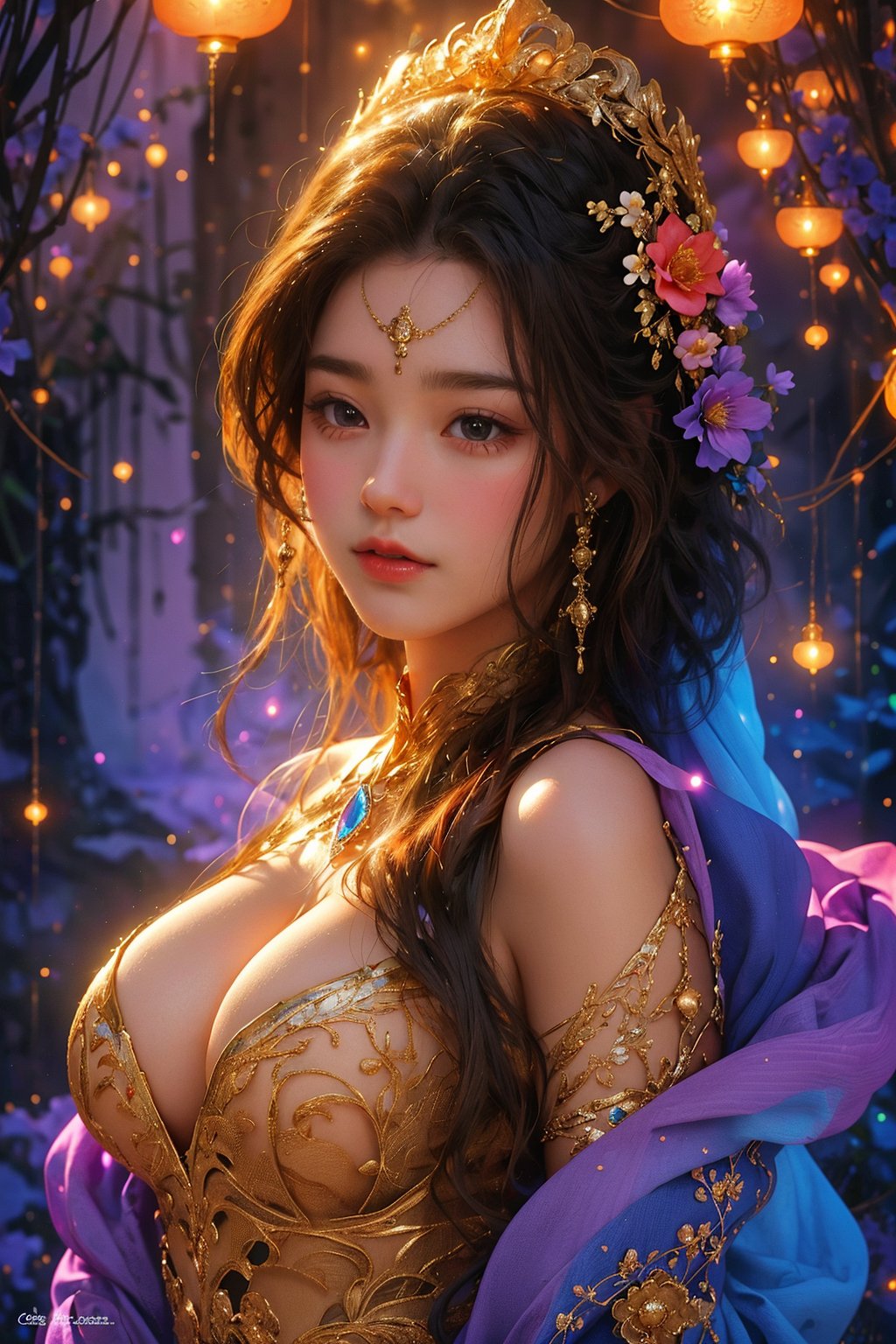  busty and sexy girl, 8k, masterpiece, ultra-realistic, best quality, high resolution, high definition, A stunning sorceress, enveloped in prisms of color, is adorned in her most exquisite attire and her finest jewels, colorful glowing flower