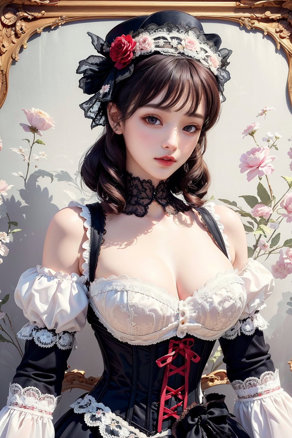 busty and sexy girl, 8k, masterpiece, ultra-realistic, best quality, high resolution, high definition, Lolita, Victorian fashion, Rococo fashion, black corset with red ribbon lacing, White lace details on the sleeves, show shoulders, (hat adorned with flowers), (ornate flower frame background), (flower background), historical vibe, historical fashion with fantasy elements,lolita