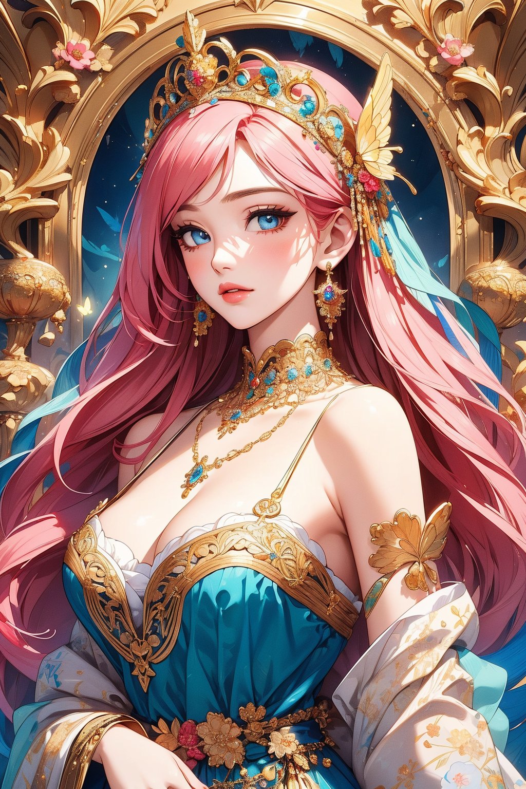 busty and sexy girl, 8k, masterpiece, ultra-realistic, best quality, high resolution, high definition, bare shoulder, floral headdress, butterflies, multicolored background, white skin, colored eyes, necklace, multicolored hair, a pink dress with intricate gold adornment, sparkle, glow, The image depicts a seated female figure, likely a representation of a goddess or mythological character, given the stylized and ornate nature of her attire and adornments. The figure is adorned with intricate jewelry, including necklaces and earrings, which suggest a status of high importance or divinity. Her headdress is elaborate, featuring multiple layers and decorative elements that add to her regal appearance. The background is richly detailed with swirling patterns and motifs that are reminiscent of Art Nouveau style, characterized by flowing lines and natural forms. The color palette is dominated by blues, golds, and earth tones, creating a harmonious and ethereal atmosphere. The overall impression is one of elegance, mysticism, and a sense of being transported to another realm or era.