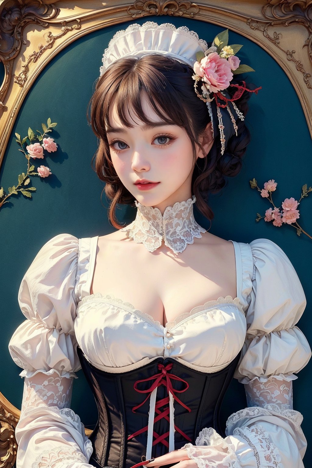 busty and sexy girl, 8k, masterpiece, ultra-realistic, best quality, high resolution, high definition, Lolita, maid, Victorian fashion, Rococo fashion, black corset with red ribbon lacing, White lace details on the sleeves, Puffed sleeves, headpiece adorned with flowers, ornate flower frame background, historical vibe, historical fashion with fantasy elements,lolita