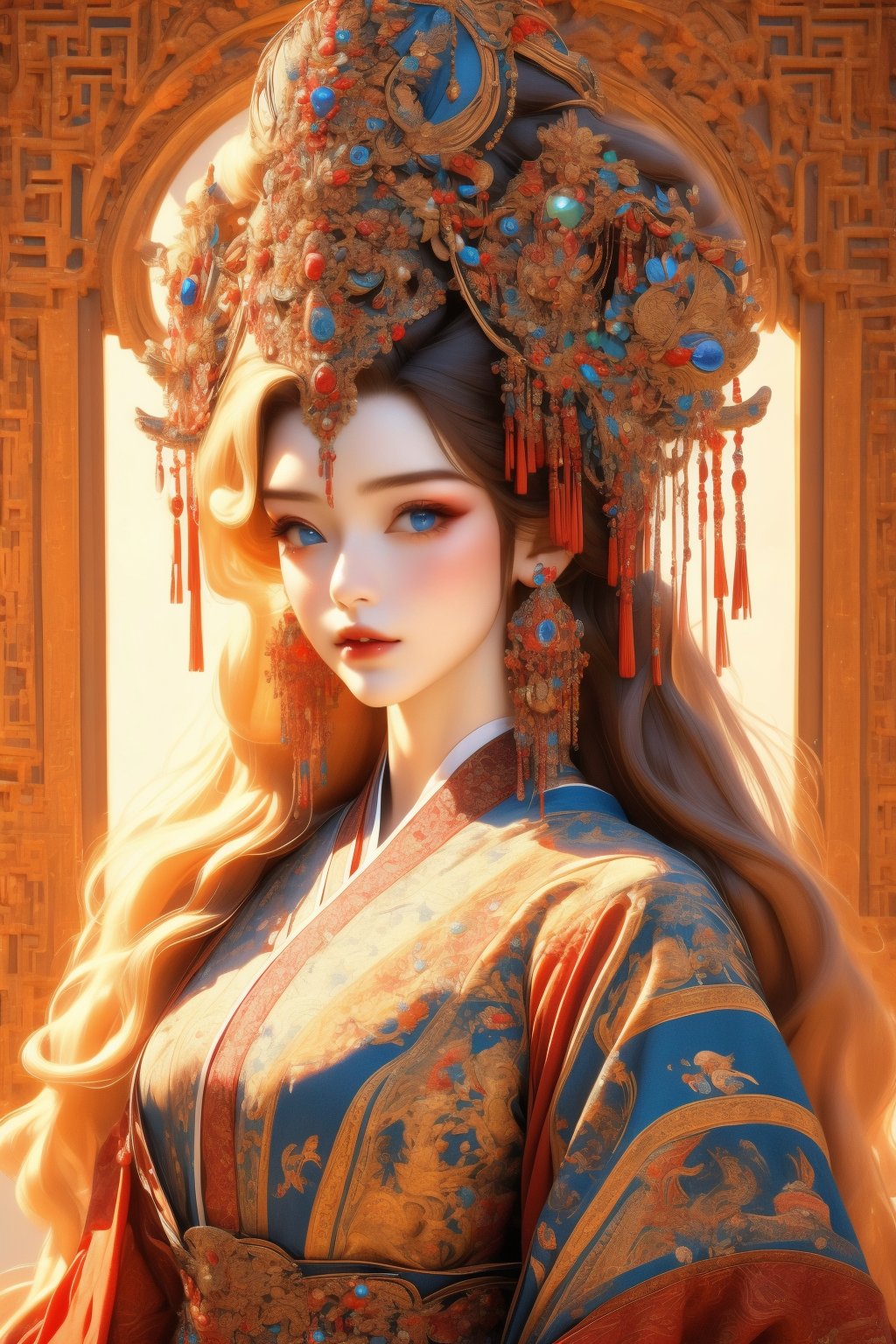 busty and sexy girl, 8k, masterpiece, ultra-realistic, best quality, high resolution, high definition, 1girl, solo, long hair, looking at viewer, blue eyes, blonde hair, hair ornament, jewelry, closed mouth, upper body, earrings, lips, makeup, chinese clothes, gem, realistic, headdress, red lips, hanfu, traditional clothes