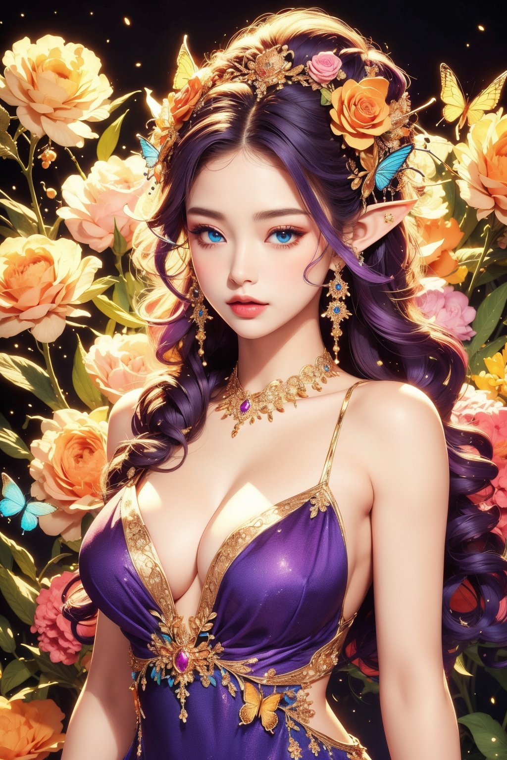 busty and sexy girl, 8k, masterpiece, ultra-realistic, best quality, high resolution, high definition,1girl, solo, long hair, breasts, looking at viewer, blue eyes, hair ornament, dress, cleavage, bare shoulders, jewelry, medium breasts, purple eyes, upper body, purple hair, flower, earrings, pointy ears, hair flower, bug, black background, gem, butterfly, pink dress