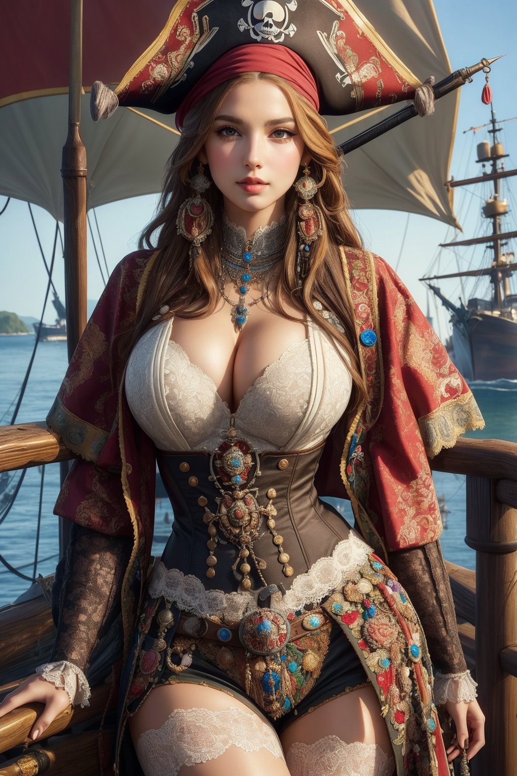 busty and sexy girl, 8k, masterpiece, ultra-realistic, best quality, high resolution, high definition, (1700s Pirate), pirate clothing and attire, 1700s pirate scenery, on board a 1700s pirate ship