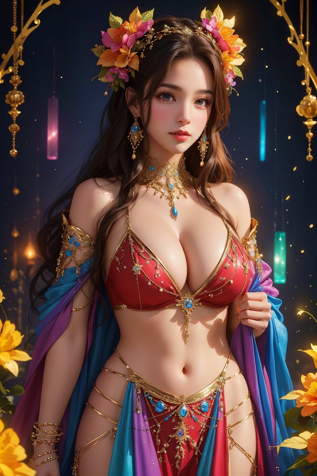  busty and sexy girl, 8k, masterpiece, ultra-realistic, best quality, high resolution, high definition, A stunning sorceress, enveloped in prisms of color, is adorned in her most exquisite attire and her finest jewels, colorful glowing flower