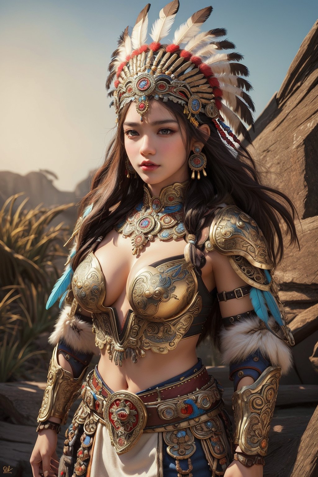 busty and sexy girl, 8k, masterpiece, ultra-realistic, best quality, high resolution, high definition, indigenous Mesoamerican cultures, elaborate headdress with feathers , detailed armor with intricate designs, Aztec warriors, The gold-colored belt with a central medallion and animal depiction on the chest piece adds to the warrior aesthetic, shoulder armors