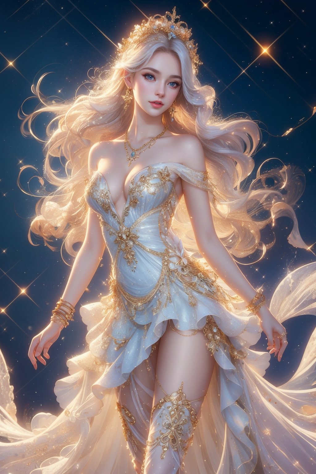 busty and sexy girl, 8k, masterpiece, ultra-realistic, best quality, high resolution, high definition, hair ornament, dress, bare shoulders, standing, white dress, sparkle, strapless, strapless dress, ballerina, ballet slippers, tutu, floral background, long hair, breasts, blue eyes, hair ornament, dress, bare shoulders, jewelry, standing, collarbone, white hair, (glowing hair), earrings, necklace, bracelet, lips, strapless,  (glowing), wavy hair, butterfly