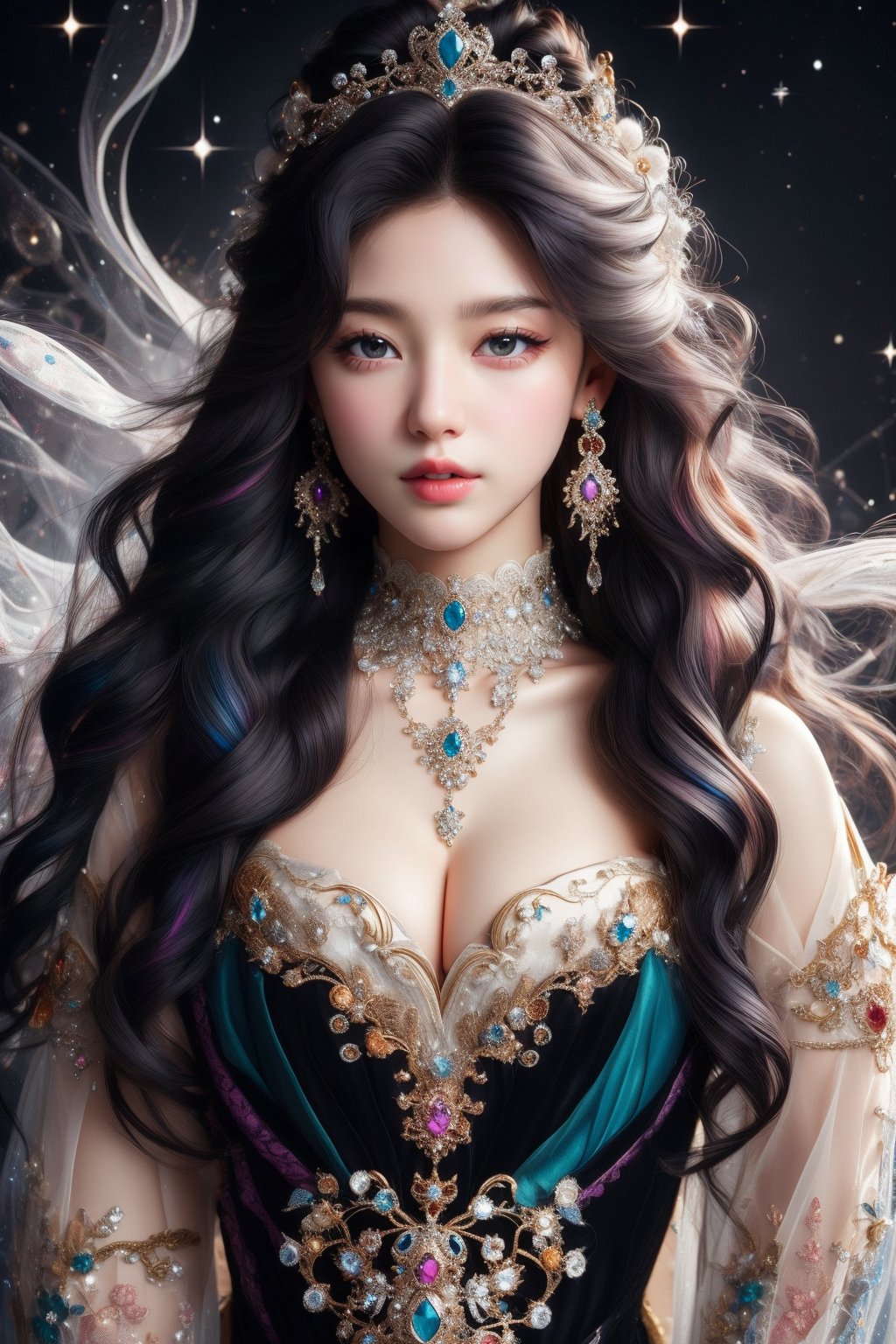 busty and sexy girl, 8k, masterpiece, ultra-realistic, best quality, high resolution, high definition, diamond crown, diamond earrings, diamond necklace, black low-cut princess dress, intricate pattern, black smoky eyeliner, COSMO, GALAXY,stardust ,Her hair is the highlight, flowing around her head with white to iridescent hues