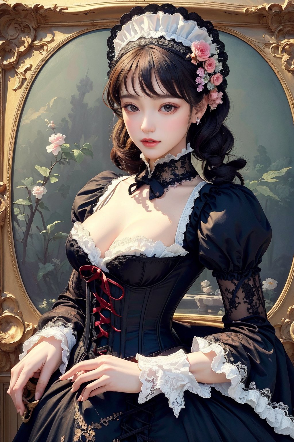 busty and sexy girl, 8k, masterpiece, ultra-realistic, best quality, high resolution, high definition, Lolita, maid, Victorian fashion, Rococo fashion, black corset with red ribbon lacing, White lace details on the sleeves, Puffed sleeves, headpiece adorned with flowers, ornate flower frame background, historical vibe, historical fashion with fantasy elements,lolita