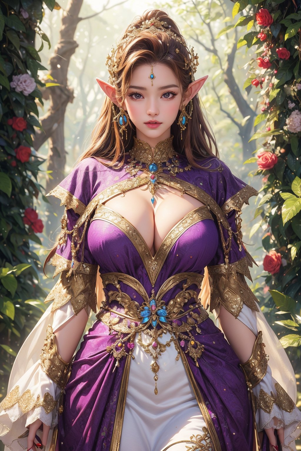 busty and sexy girl, 8k, masterpiece, ultra-realistic, best quality, high resolution, high definition, elf, enchanting fantasy-style costume, The predominant colors are white and purple, The dress features floral motifs and delicate gold accents, The overall design exudes elegance and magic, glowing purple forest