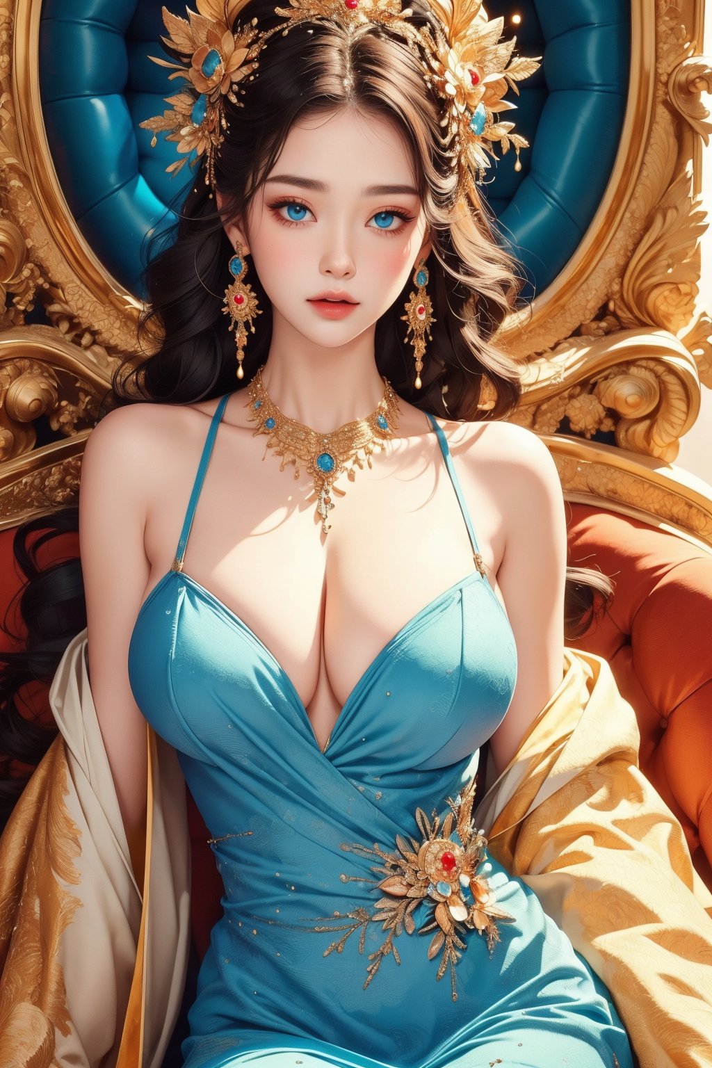 busty and sexy girl, 8k, masterpiece, ultra-realistic, best quality, high resolution, high definition, 1girl, solo, long hair, breasts, looking at viewer, blue eyes, large breasts, black hair, hair ornament, dress, cleavage, bare shoulders, jewelry, sitting, closed mouth, earrings, necklace, blue dress