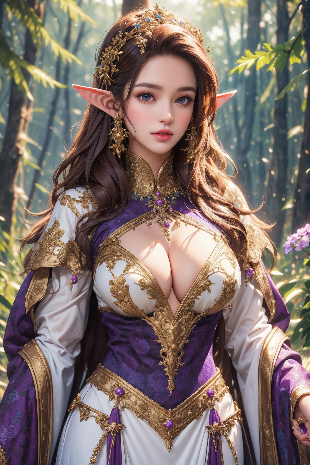 busty and sexy girl, 8k, masterpiece, ultra-realistic, best quality, high resolution, high definition, elf, enchanting fantasy-style costume, The predominant colors are white and purple, The dress features floral motifs and delicate gold accents, The overall design exudes elegance and magic, glowing purple forest