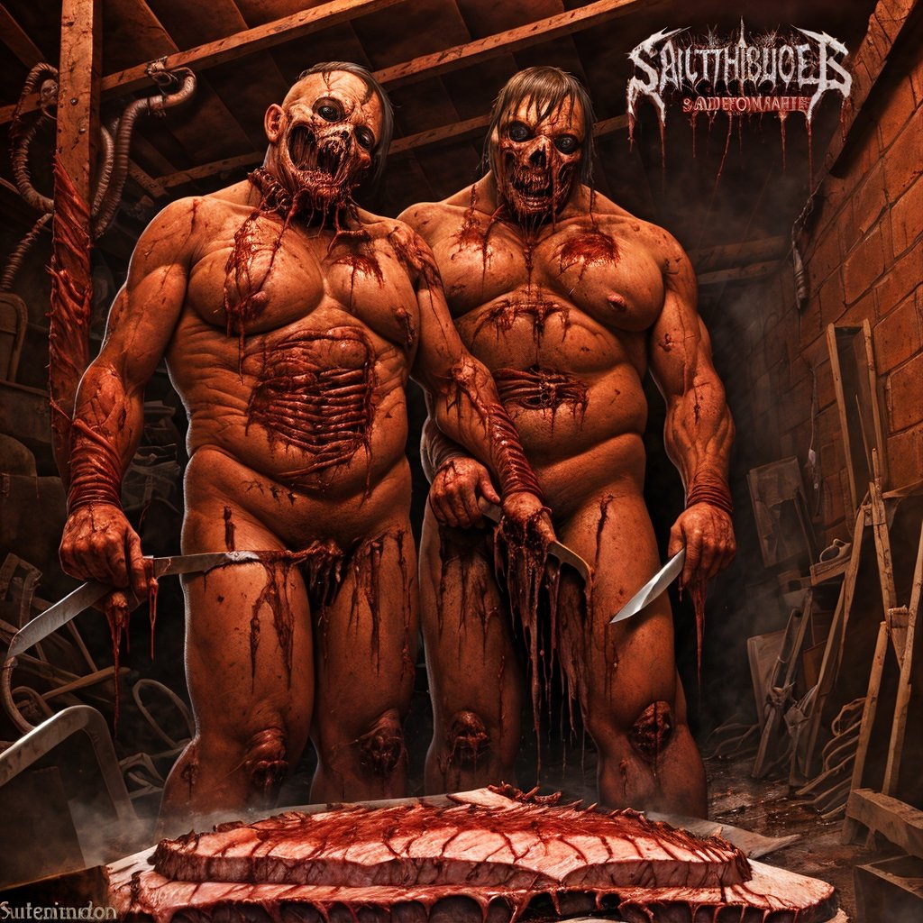 DEATHMETAL sadistic butcher in his filthy basement, detailed, high_resolution, wide shot