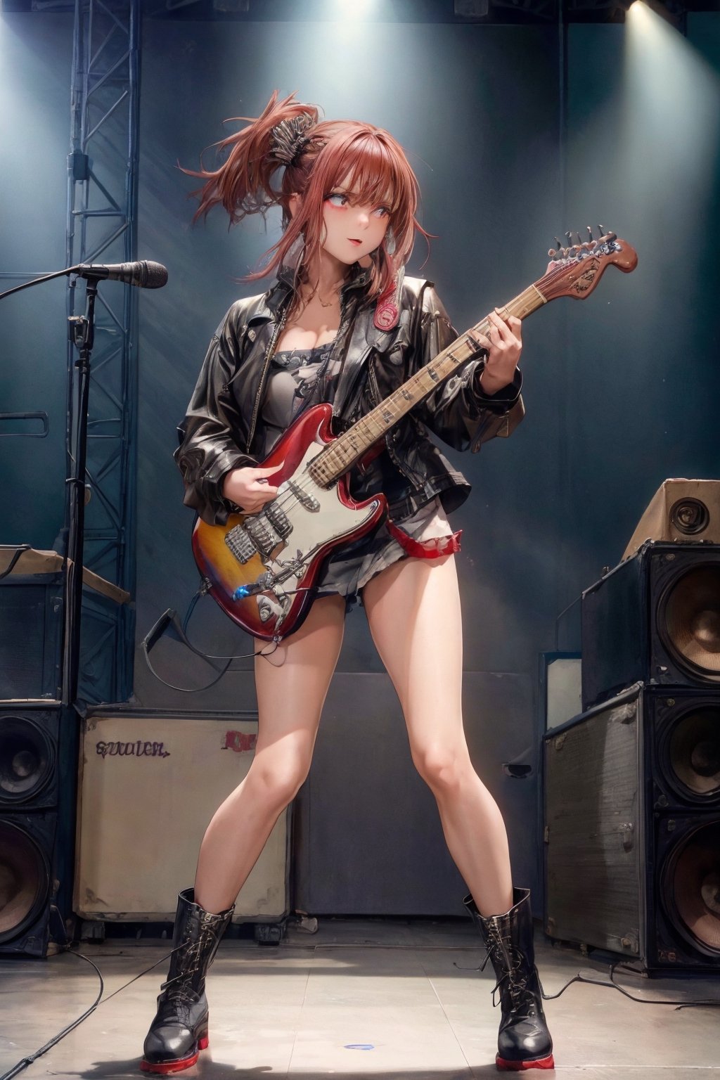 (wideshot), (long shot ), ((full body)) image of a British rock band's lead guitarist, 29 years old, personifying raw energy and charisma, with a lean, angular face, dynamically placed in the (lower left of the frame). She's on a vibrant festival stage, electric guitar in her hand, in the midst of an electrifying solo, the crowd roaring in the background.

Her spiked long curledhair is a statement in itself, mirroring the rebellious spirit of her music. Her eyes, ablaze with the thrill of performance, are not on the camera but are fixed on the sea of fans, her lips parting in a shout that melds with the guitar's wail.

She has a lithe, energetic build. Clothed in a (leather jacket adorned with band patches) and (ripped jeans), her outfit screams rock and roll. Her feet, in (sturdy combat boots), stomp and move across the stage, each step a punctuation to the raw, pulsating rhythm she commands.

((Full body shot)), (full body shown)
Low camera long  shot. (frog perspective shot) In summary, this image captures the essence of inviting and stylish beauty. film grain. grainy. Sony A7III. photo r3al,
,PORTRAIT PHOTO,
Aligned eyes, Iridescent Eyes, (blush, eye_wrinkles:0.6), (goosebumps:0.5), subsurface scattering, ((skin pores)), detailed skin texture, textured skin, realistic , visible skin detail, skin fuzz, dry skin, hyperdetailed face, sharp picture, sharp detailed, 
 Rembrandt lighting, ultra focus, illuminated face, detailed face, 8k resolution, ,photo r3al,Extremely Realistic, Official art quality with a strong aesthetic appeal. High resolution rendering in 4K, wild girl,Nice legs and hot body