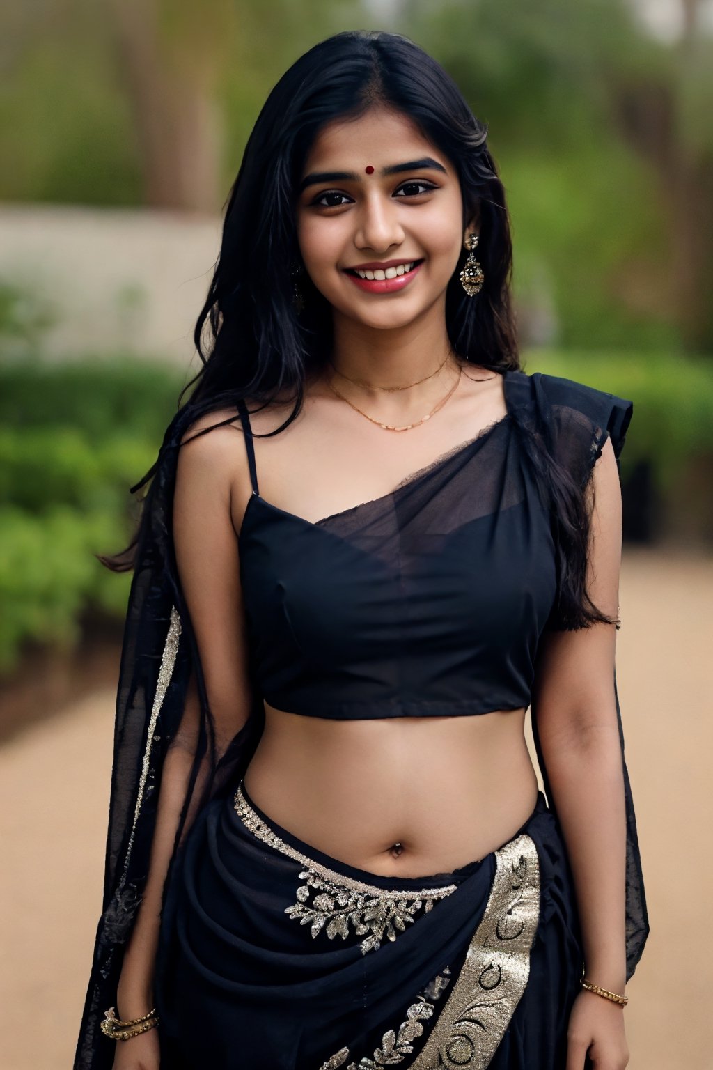 Indian women 20year old, black-hair, dark_eyes, smiling face, indian_style, black_saree 