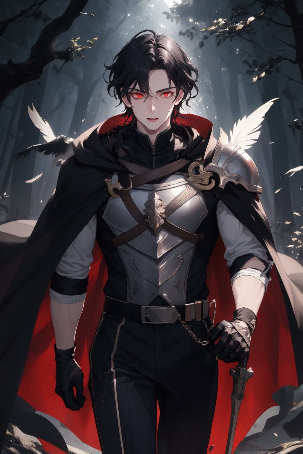 1man, young man,  25 years old,  short black hair,wavy hair,  glowing  red eyes, pale skin,  walking in a magical forest,  magical forest background,  day,  day light, wearing a scale armor,black feathers cape,  training,  challenger face,  fitness body,  piece teacher,  perfect face,  high quality,  American shot,  perfect face,  perfect hands,  muscular sensual body,  aesthetic and sensual body, Detailedface,1boy,wrenchftmfshn