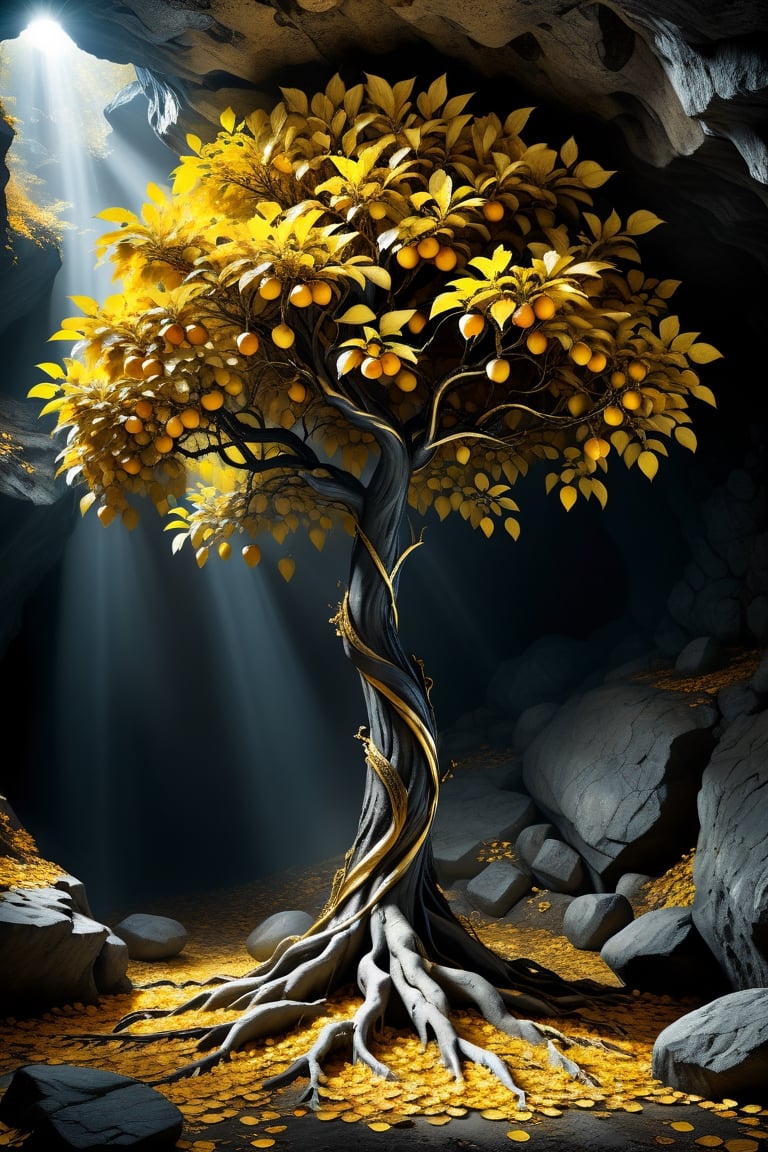 amazing image of a living apple tree with golden leaves and fruit in a mysterious cave, using only gold black and white, studio lighting, ray tracing, reflection, mystical fantasy, magical, sharp, glowing, macro photography, crazy details, realism photo.,DonMM4g1cXL,more detail XL