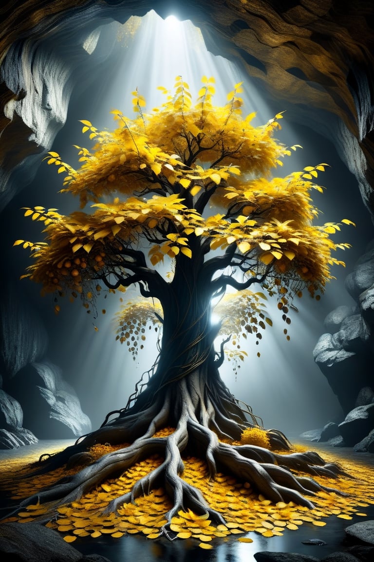 amazing image of a living apple tree with golden leaves and fruit in a mysterious cave, using only gold black and white, studio lighting, ray tracing, reflection, mystical fantasy, magical, sharp, glowing, macro photography, crazy details, realism photo.,DonMM4g1cXL,more detail XL