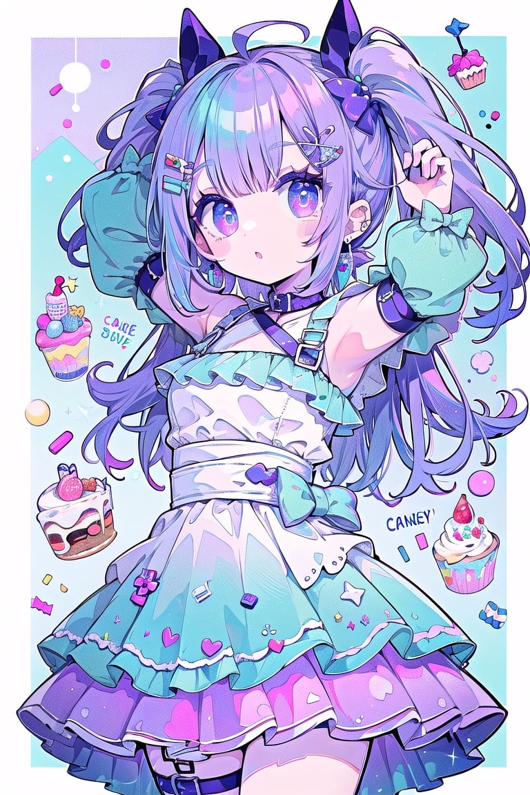 (masterpiece, best quality, highres:1.3), ultra resolution image, 8k, slender, design a cute girl, (purple-blue hair:1.2), twin ponytails, wearing ((candy and cake dress, frilled skirt, name neckstrap)), (arms up:1.1), from below, expression design, perfect human anatomy, dynamic, partial version, candy stickers, cake stickers, eyes stickers,
