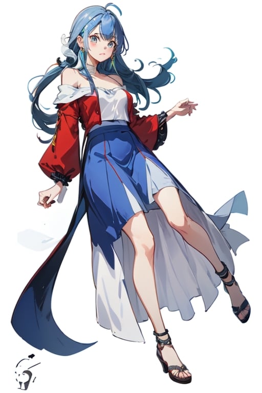 blue hair, long hair, red shirt, blue skirt, long skirt, ahoge, earrings, blue leggings, kingdom of rosas outfits, kingdom of rosas style, green eyes, gray blue skirt, red bareshirt, red off-shoulder shirt, fullbody,[(white background:1.5)