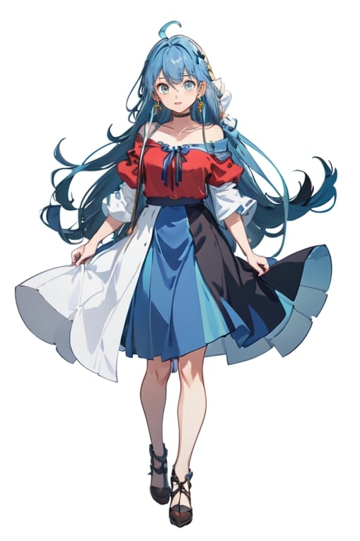 blue hair, long hair, red shirt, blue skirt, long skirt, ahoge, earrings, blue leggings, kingdom of rosas outfits, kingdom of rosas style, green eyes, gray blue skirt, red bareshirt, red off-shoulder shirt, fullbody,[(white background:1.5)