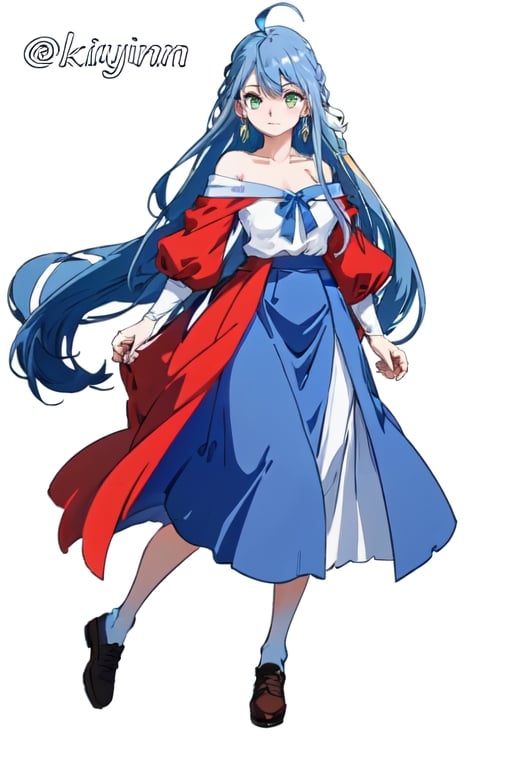 blue hair, long hair, red shirt, blue skirt, long skirt, ahoge, earrings, blue leggings, kingdom of rosas outfits, kingdom of rosas style, green eyes, gray blue skirt, red bareshirt, red off-shoulder shirt, fullbody,[(white background:1.5)