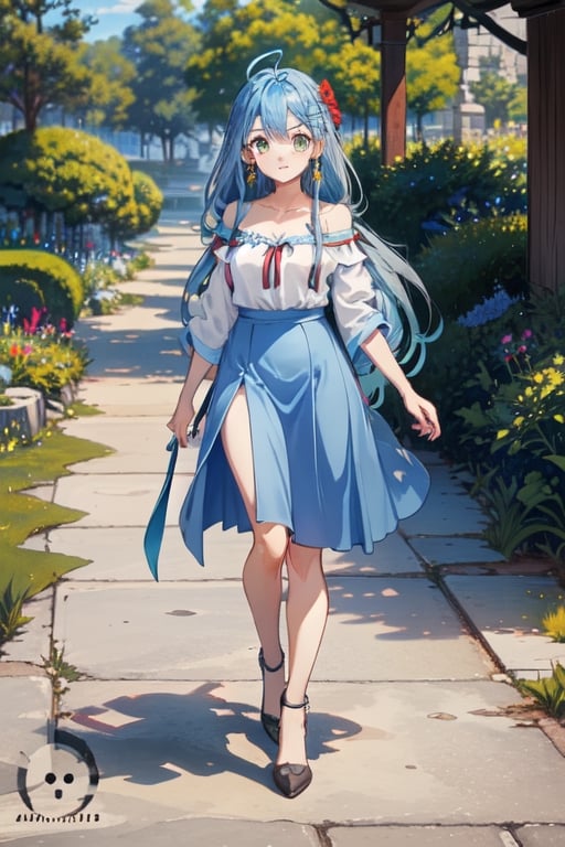 blue hair, long hair, red shirt, blue skirt, long skirt, ahoge, earrings, blue leggings, kingdom of rosas outfits, kingdom of rosas style, green eyes, gray blue skirt, red bareshirt, red off-shoulder shirt, fullbody