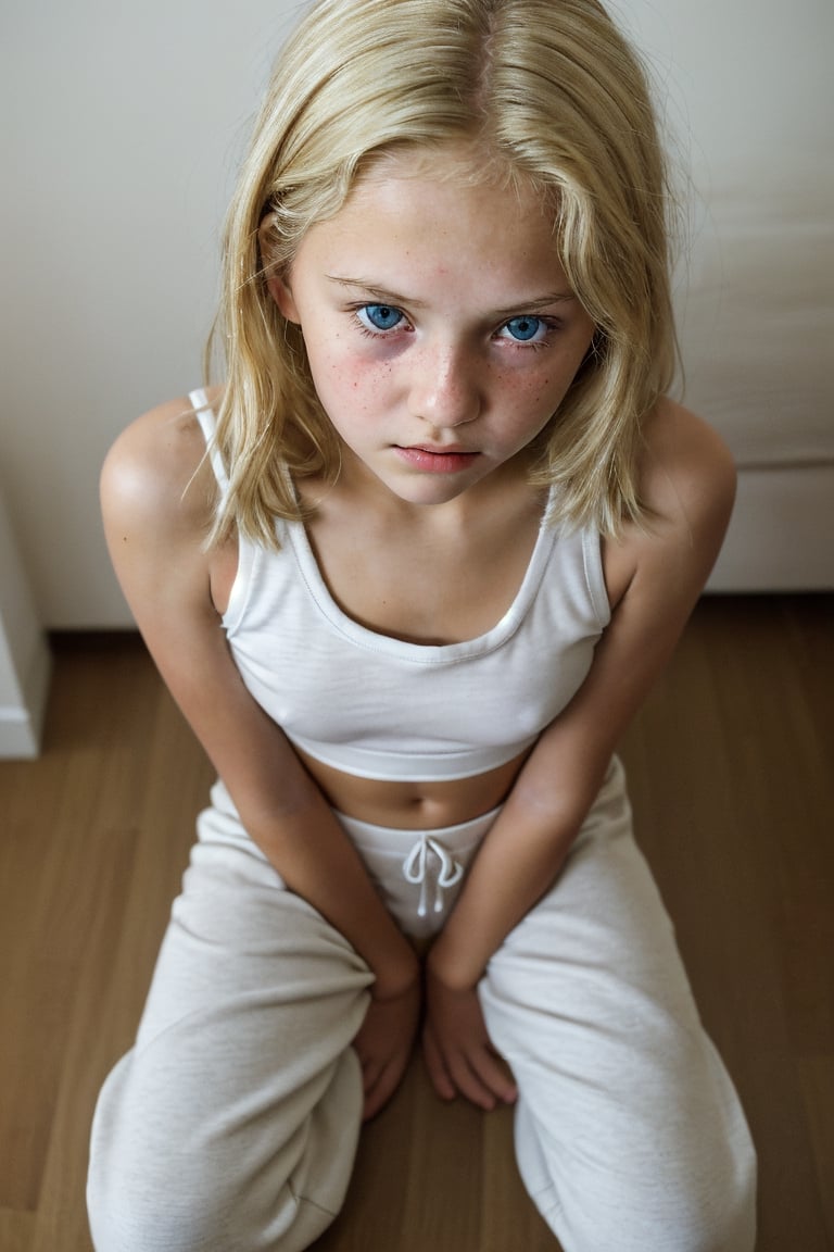 pov, from above, indoors, am3r1can girl, 13 year old, blonde hair, kneeling, face focus, wearing white tank top and sweatpants, shallow depth of field, 8k uhd, dslr, soft lighting, high quality, film grain, Fujifilm XT3