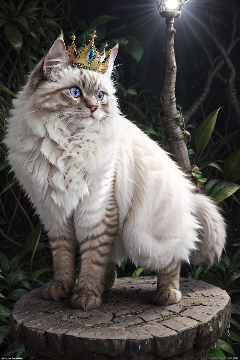 Dense colorful jungle, birman cat, wearing crown, sparkling diamond, standing on rock, looking at viewer, super detailed, cinematic lighting