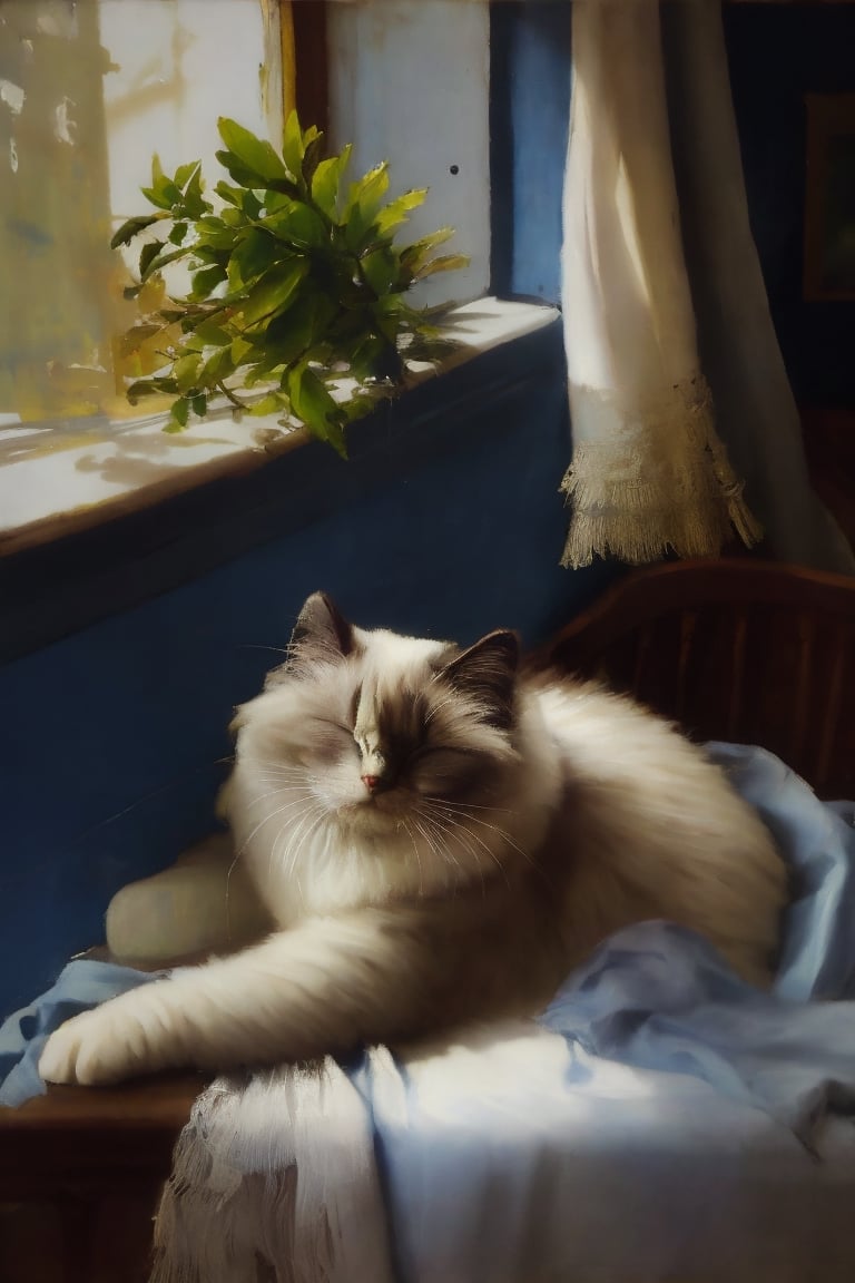 o1lpa1nt1ng, traditional media, loose brushstrokes, impasto, 1700 century, birman cat, sleeping, windowsill, dramatic lighting with deep shadows and bright highlights, earthy tones with subtle blue accents